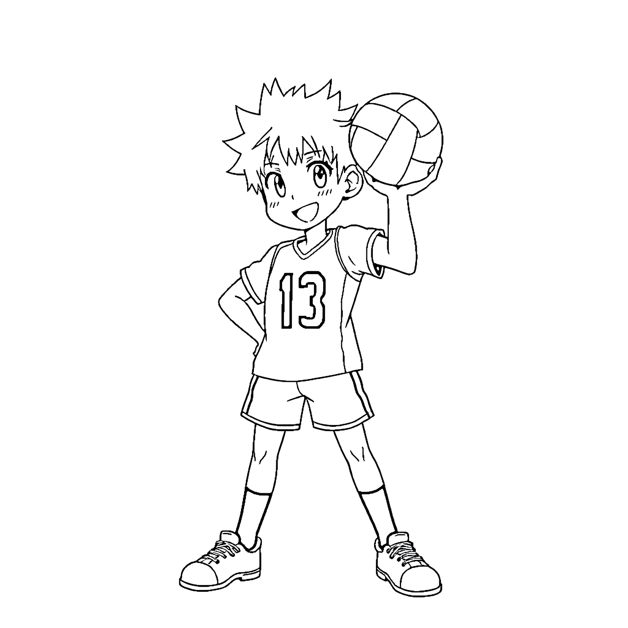 Hinata Playing Volleyball Enthusiastically Coloring Page (free black-and-white line drawing printable PDF for all, from beginners to advanced learners, including children, teens, adults, and seniors)