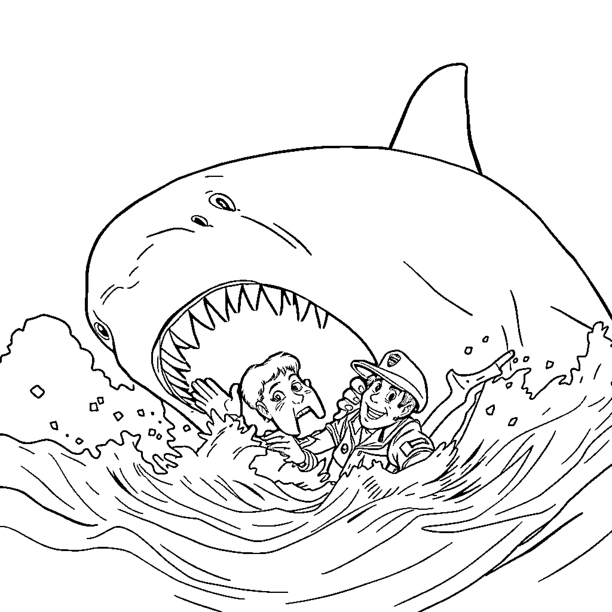 Shark chasing swimmers in the ocean Coloring Page (free black-and-white line drawing printable PDF for all, from beginners to advanced learners, including children, teens, adults, and seniors)