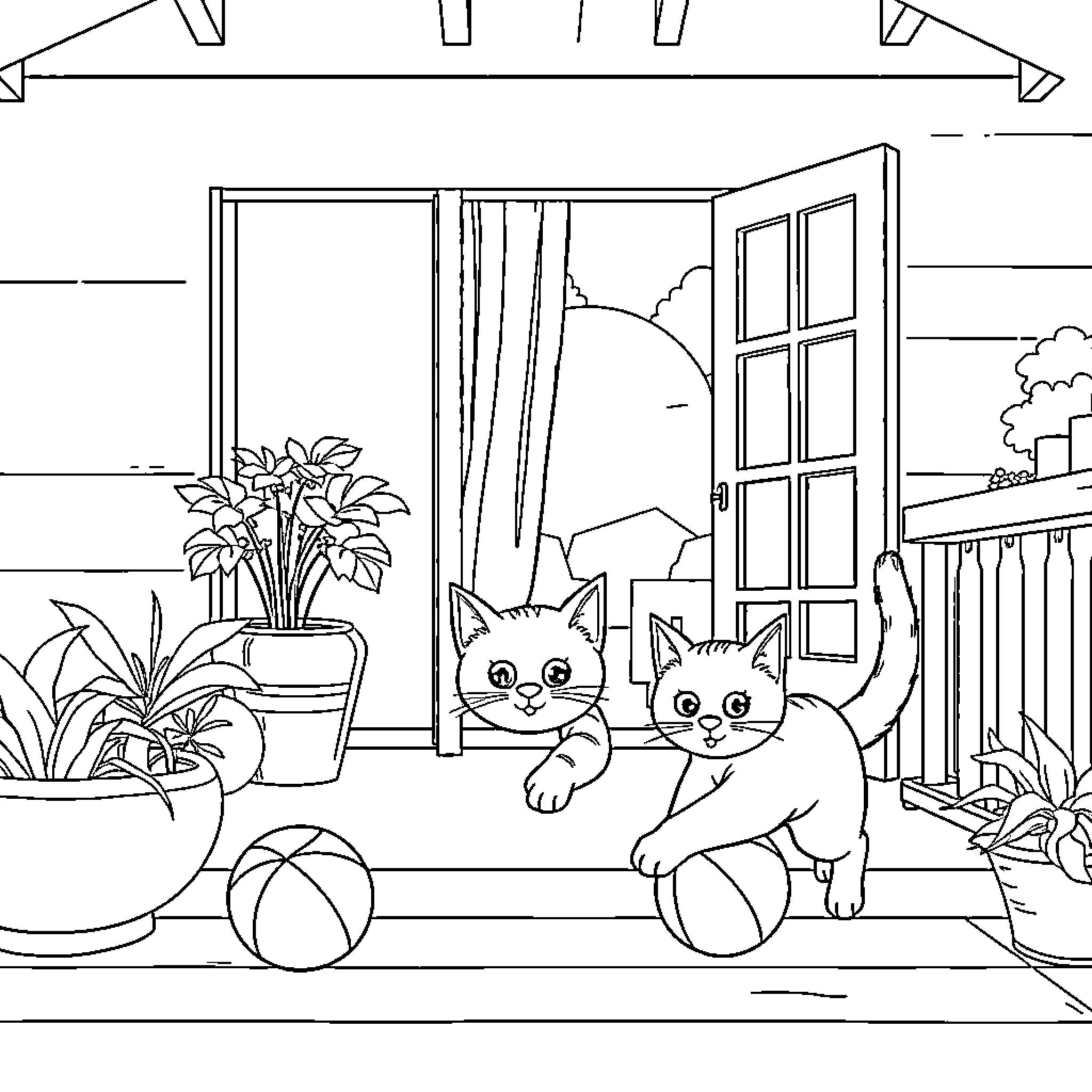 Cat playful duo in the cozy home Coloring Page (free black-and-white line drawing printable PDF for all, from beginners to advanced learners, including children, teens, adults, and seniors)