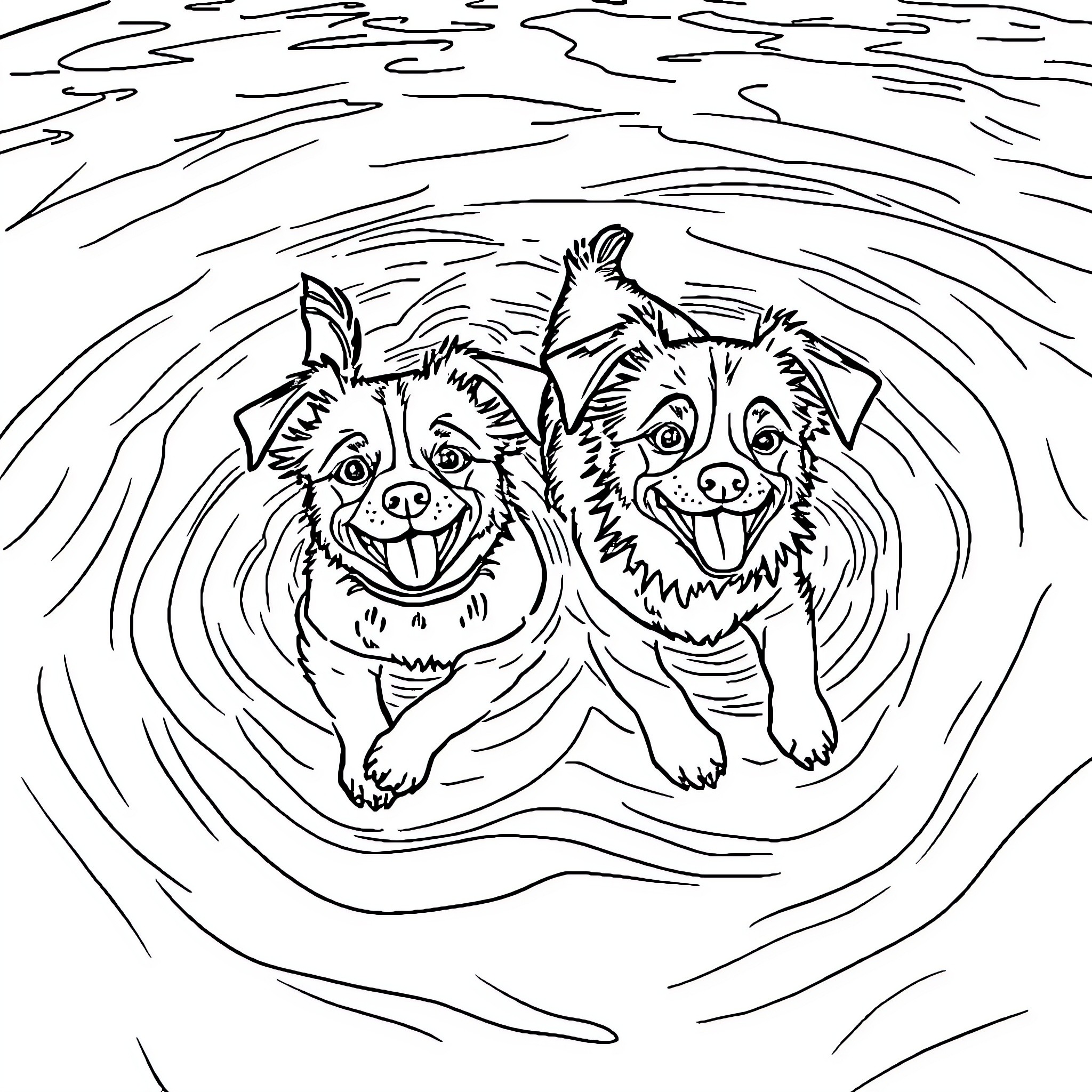 Dog companions playfully splashing in water Coloring Page (free black-and-white line drawing printable PDF for all, from beginners to advanced learners, including children, teens, adults, and seniors)