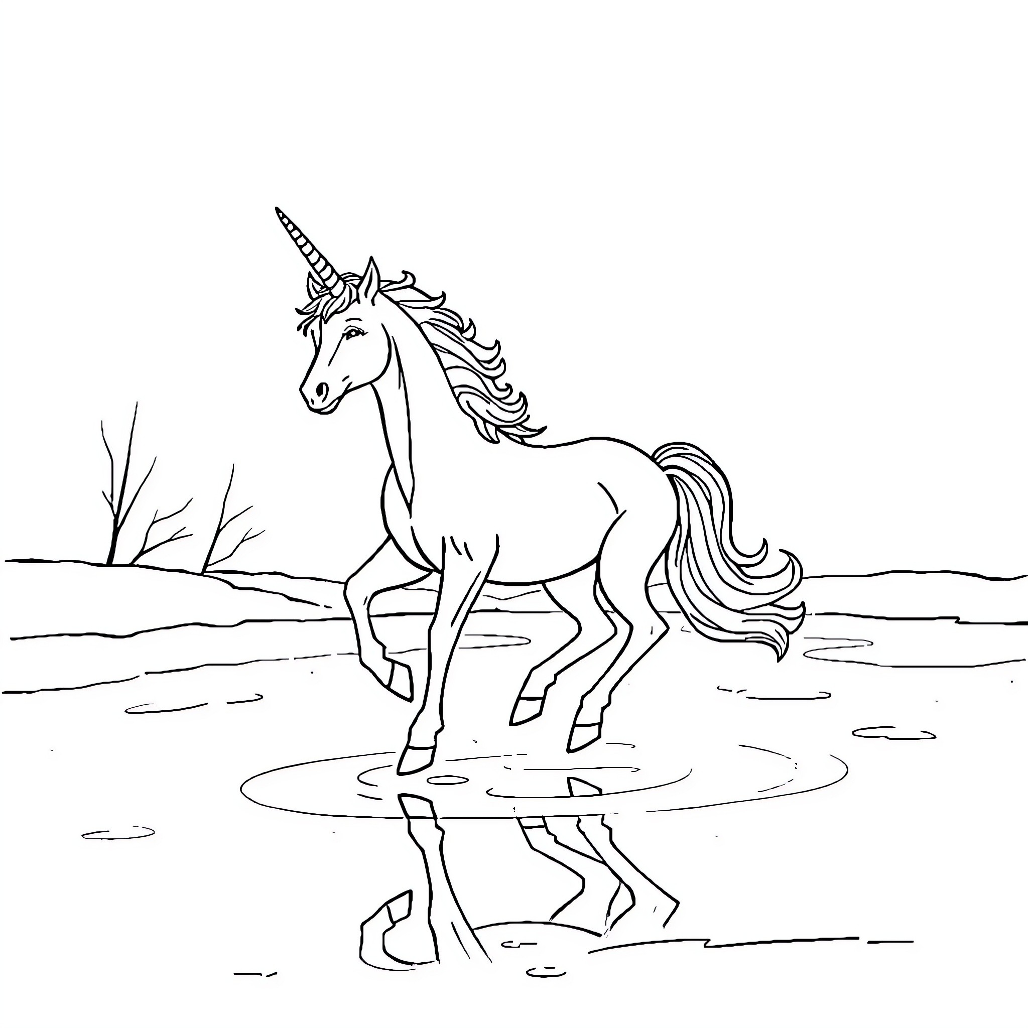 Unicorn walking gracefully through the pond Coloring Page (free black-and-white line drawing printable PDF for all, from beginners to advanced learners, including children, teens, adults, and seniors)