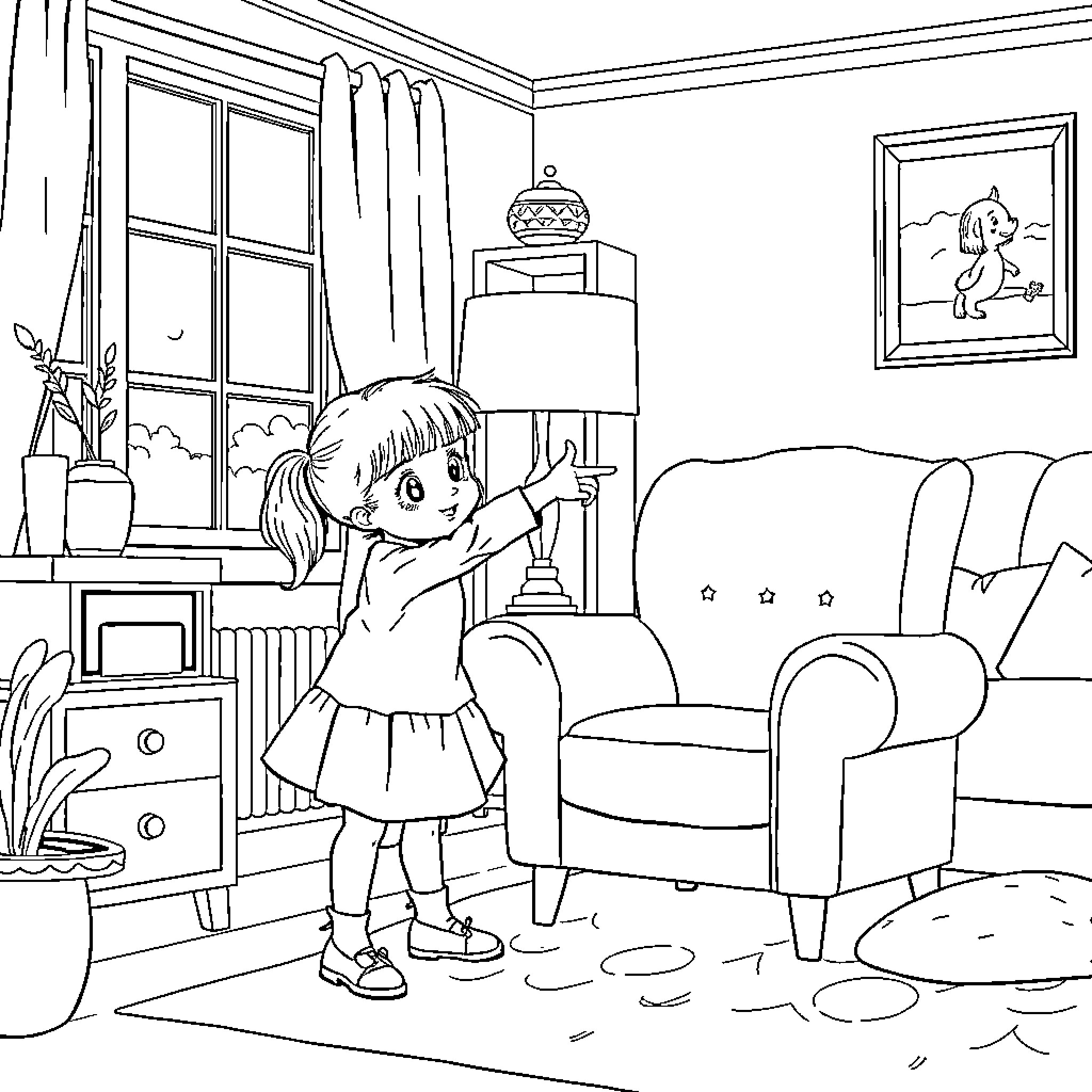 Girl exploring her cozy living room Coloring Page (free black-and-white line drawing printable PDF for all, from beginners to advanced learners, including children, teens, adults, and seniors)