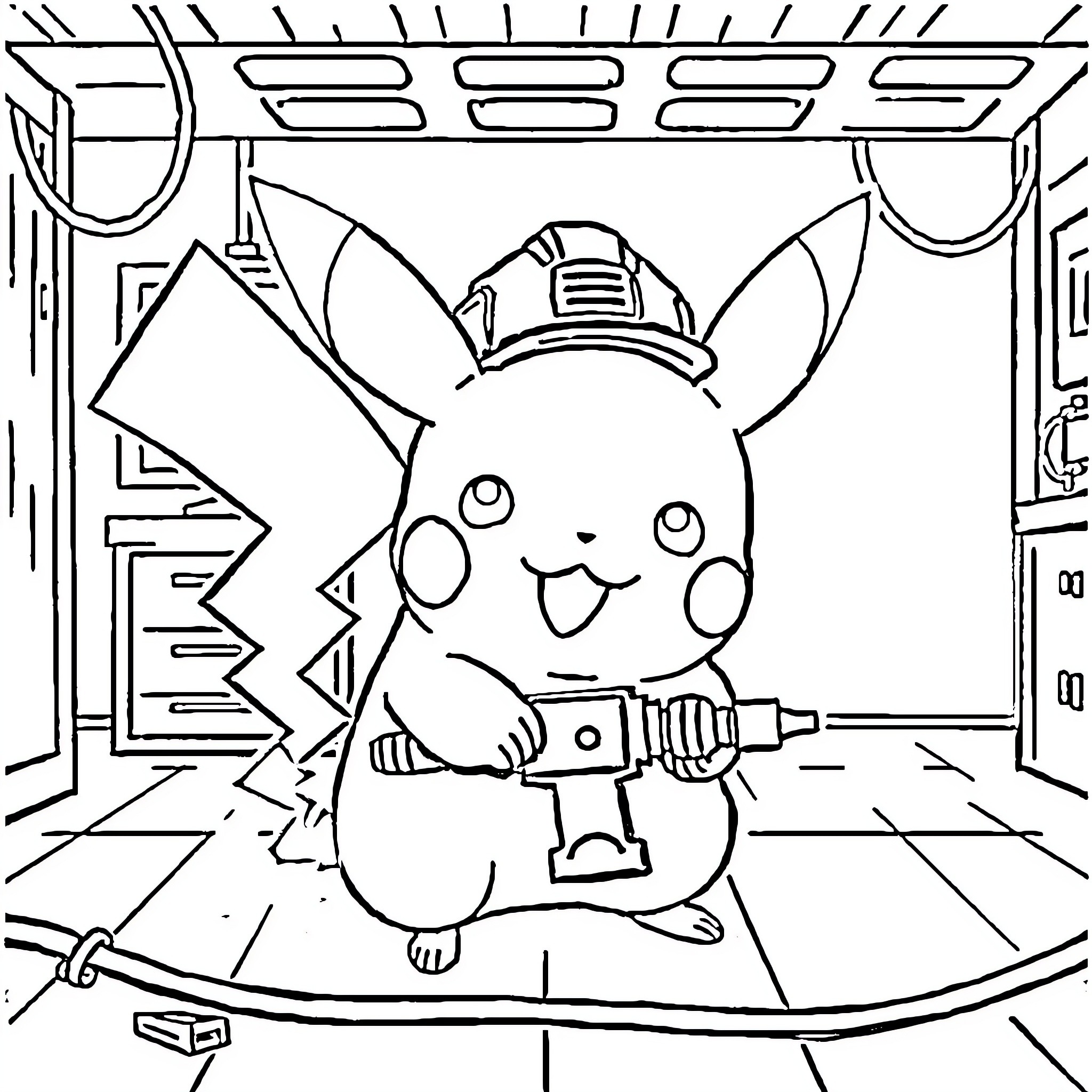 Pikachu playing with electric drill in a workshop Coloring Page (free black-and-white line drawing printable PDF for all, from beginners to advanced learners, including children, teens, adults, and seniors)