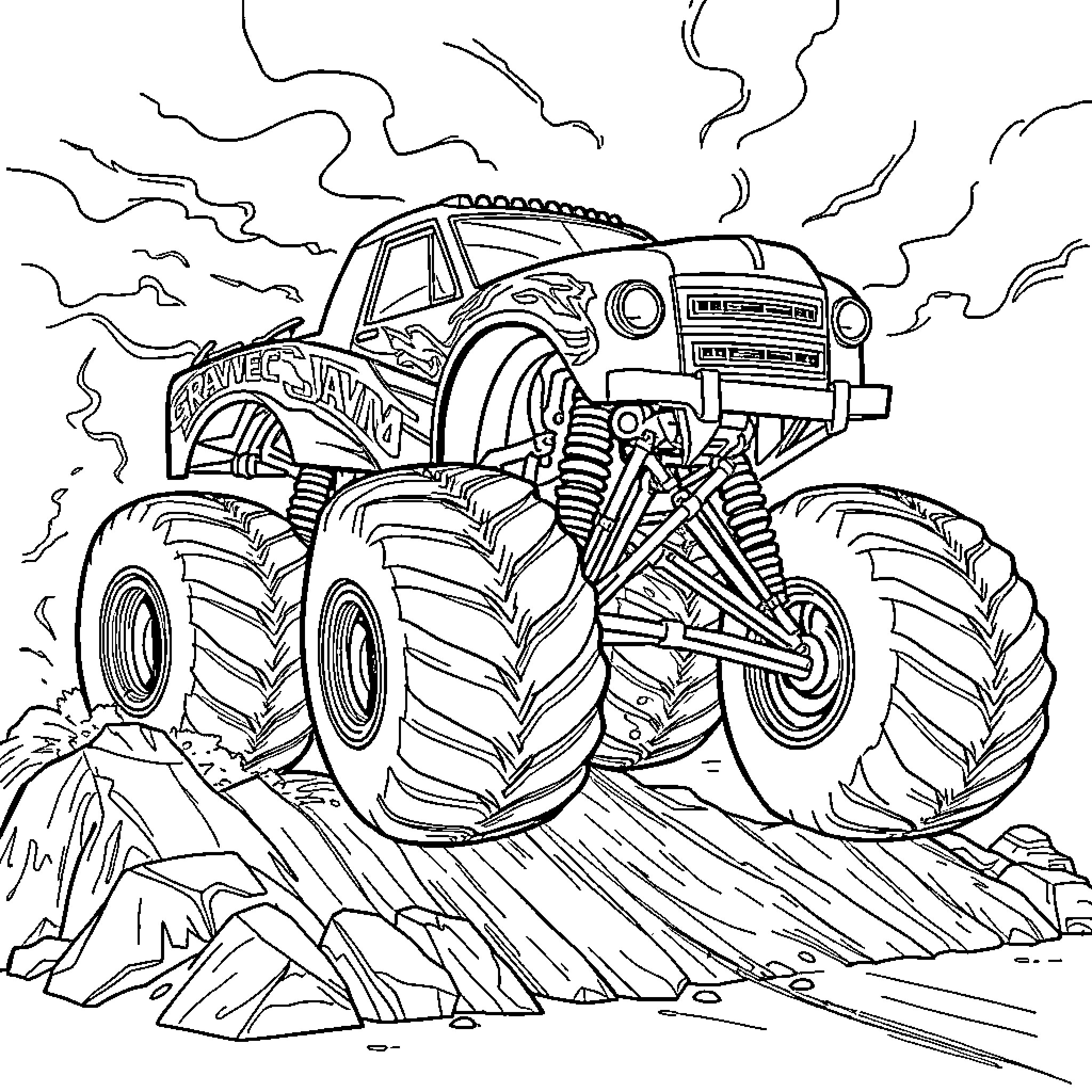 Monster Truck Crushing Rocks and Terrain Coloring Page (free black-and-white line drawing printable PDF for all, from beginners to advanced learners, including children, teens, adults, and seniors)