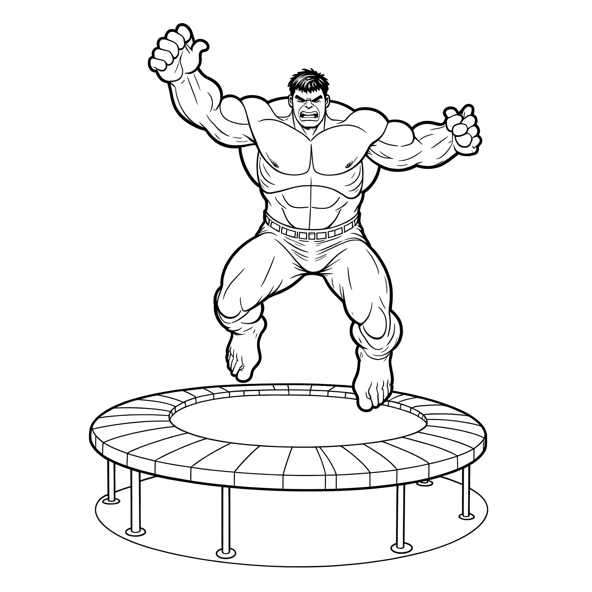 Hulk jumping on trampoline with powerful stance Coloring Page (free black-and-white line drawing printable PDF for all, from beginners to advanced learners, including children, teens, adults, and seniors)