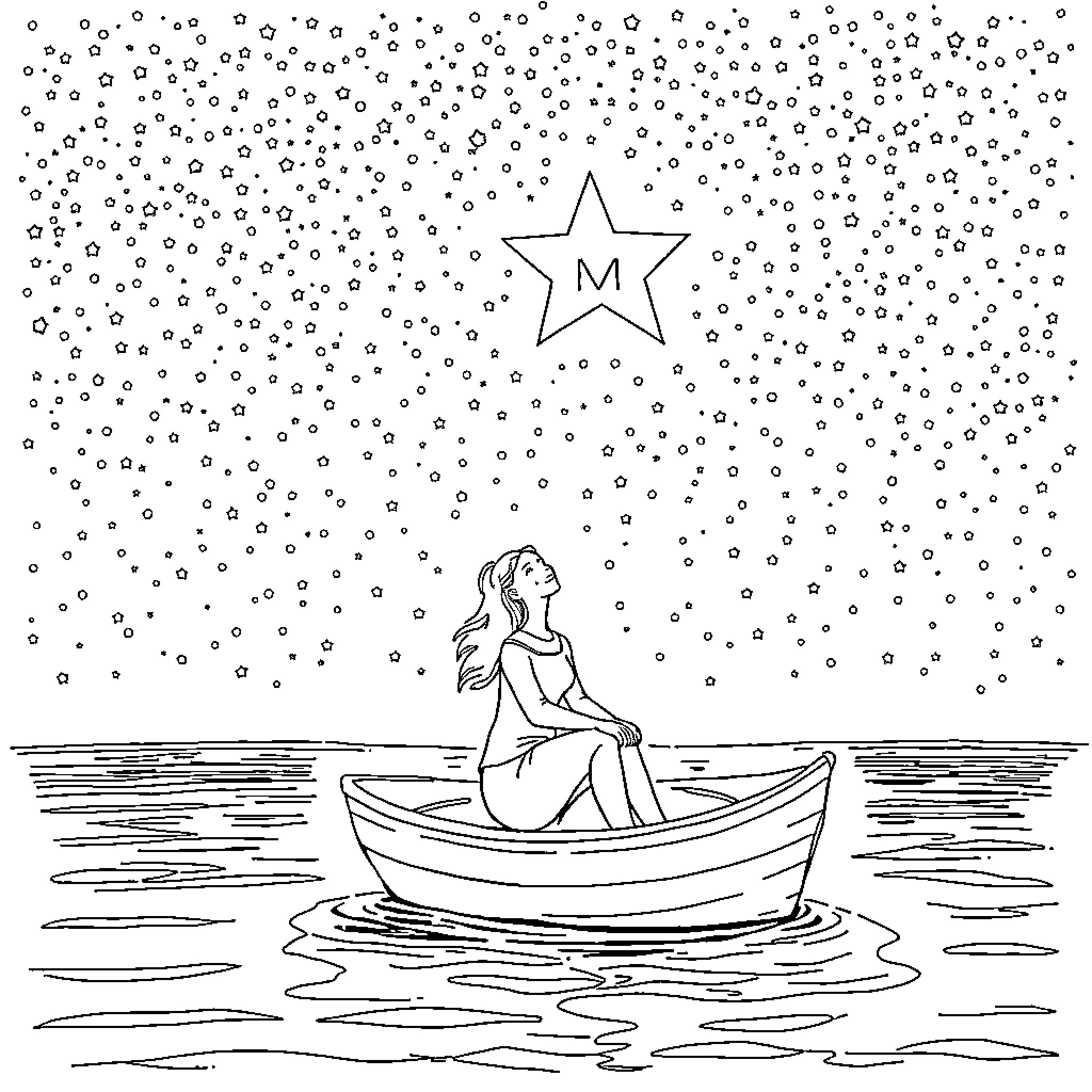 Person sitting alone in a boat under the stars Coloring Page (free black-and-white line drawing printable PDF for all, from beginners to advanced learners, including children, teens, adults, and seniors)