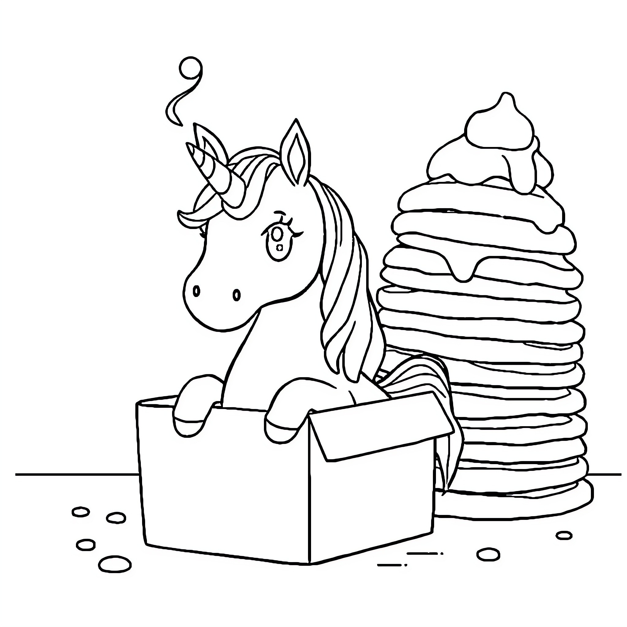 Unicorn playing with pancakes in a box Coloring Page (free black-and-white line drawing printable PDF for all, from beginners to advanced learners, including children, teens, adults, and seniors)