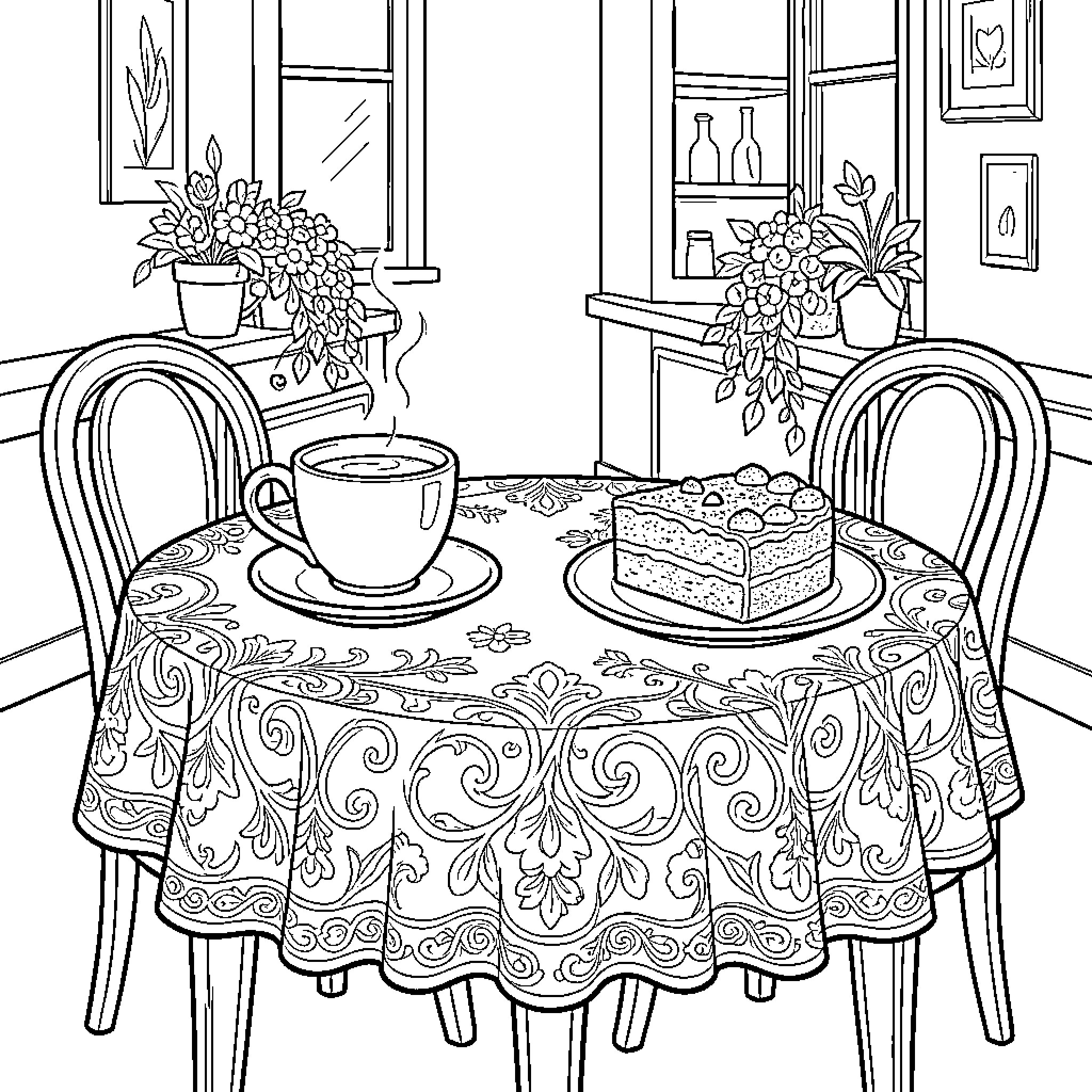Cafe table set with hot coffee and delicious cake Coloring Page (free black-and-white line drawing printable PDF for all, from beginners to advanced learners, including children, teens, adults, and seniors)