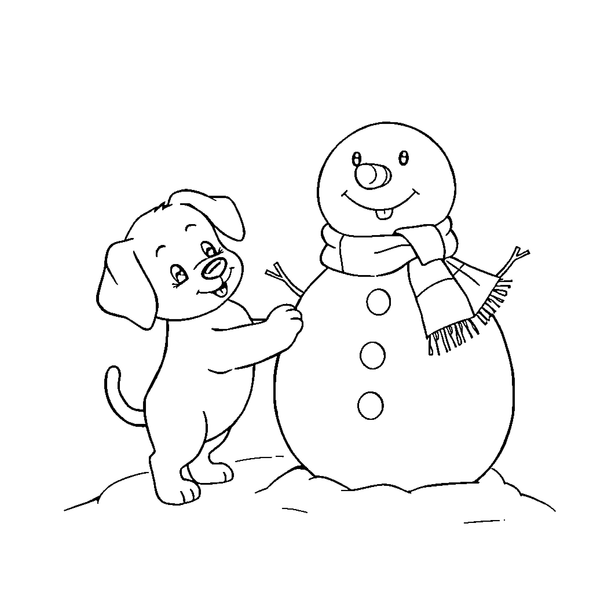 Puppy playing with a snowman Coloring Page (free black-and-white line drawing printable PDF for all, from beginners to advanced learners, including children, teens, adults, and seniors)