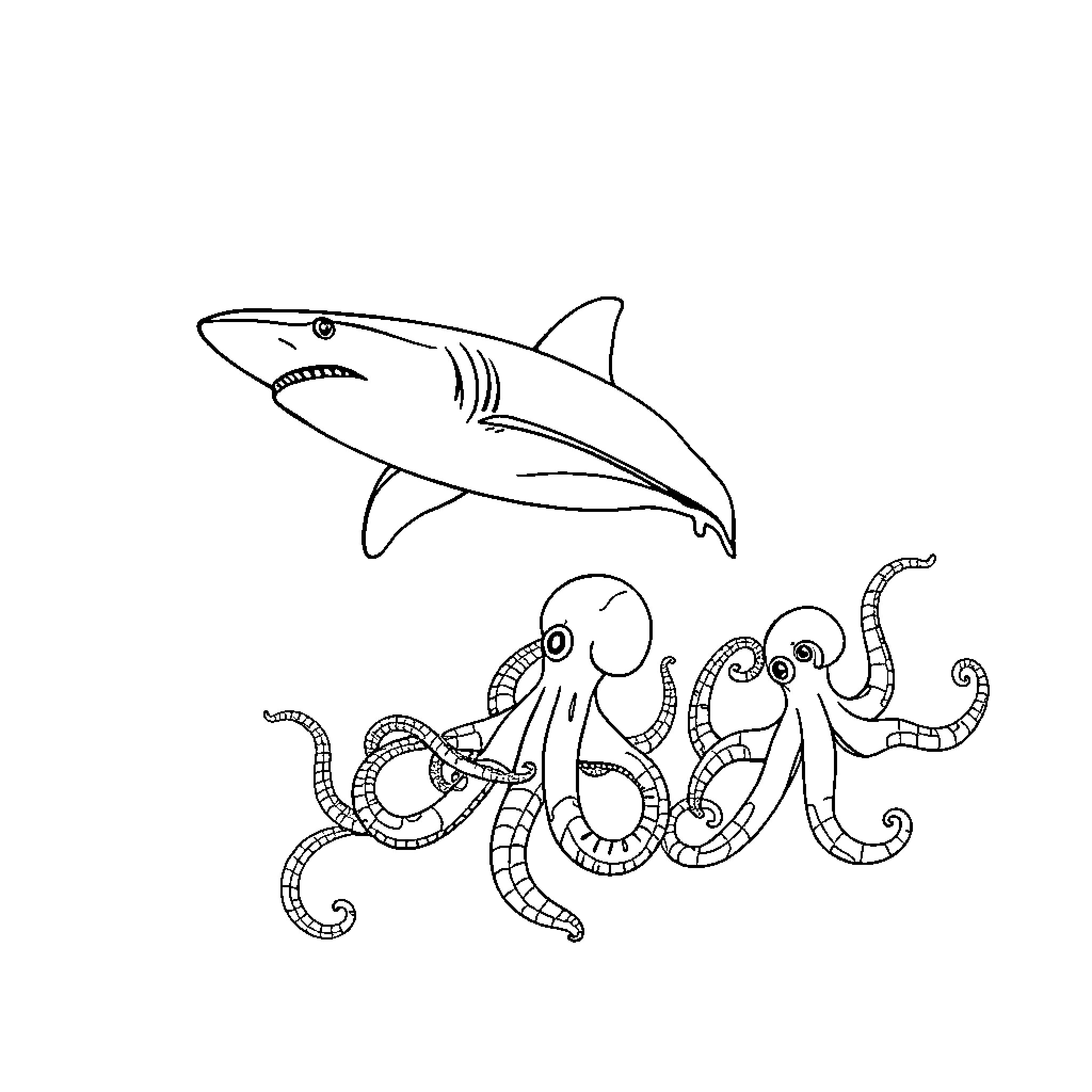 Shark swimming with playful octopus Coloring Page (free black-and-white line drawing printable PDF for all, from beginners to advanced learners, including children, teens, adults, and seniors)