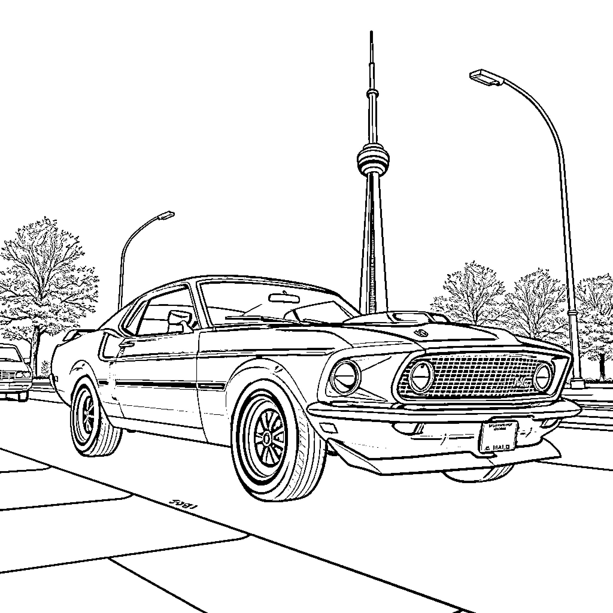 Ford Mustang in urban setting with landmarks Coloring Page (free black-and-white line drawing printable PDF for all, from beginners to advanced learners, including children, teens, adults, and seniors)