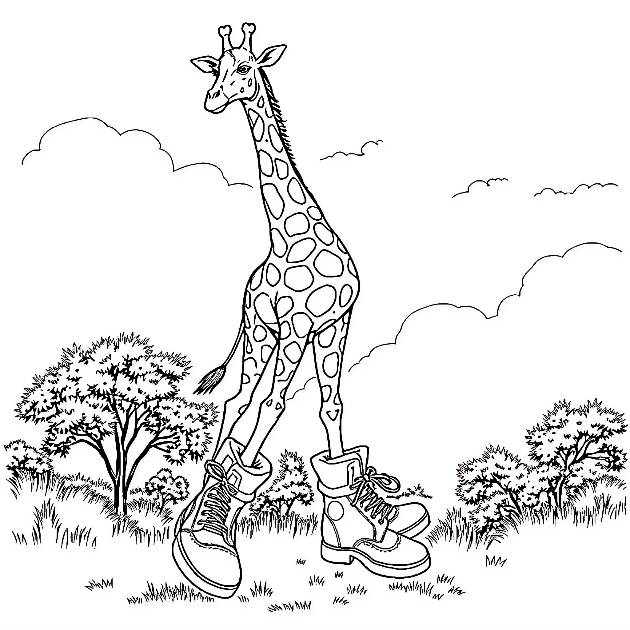 Giraffe standing tall in natural setting Coloring Page (free black-and-white line drawing printable PDF for all, from beginners to advanced learners, including children, teens, adults, and seniors)