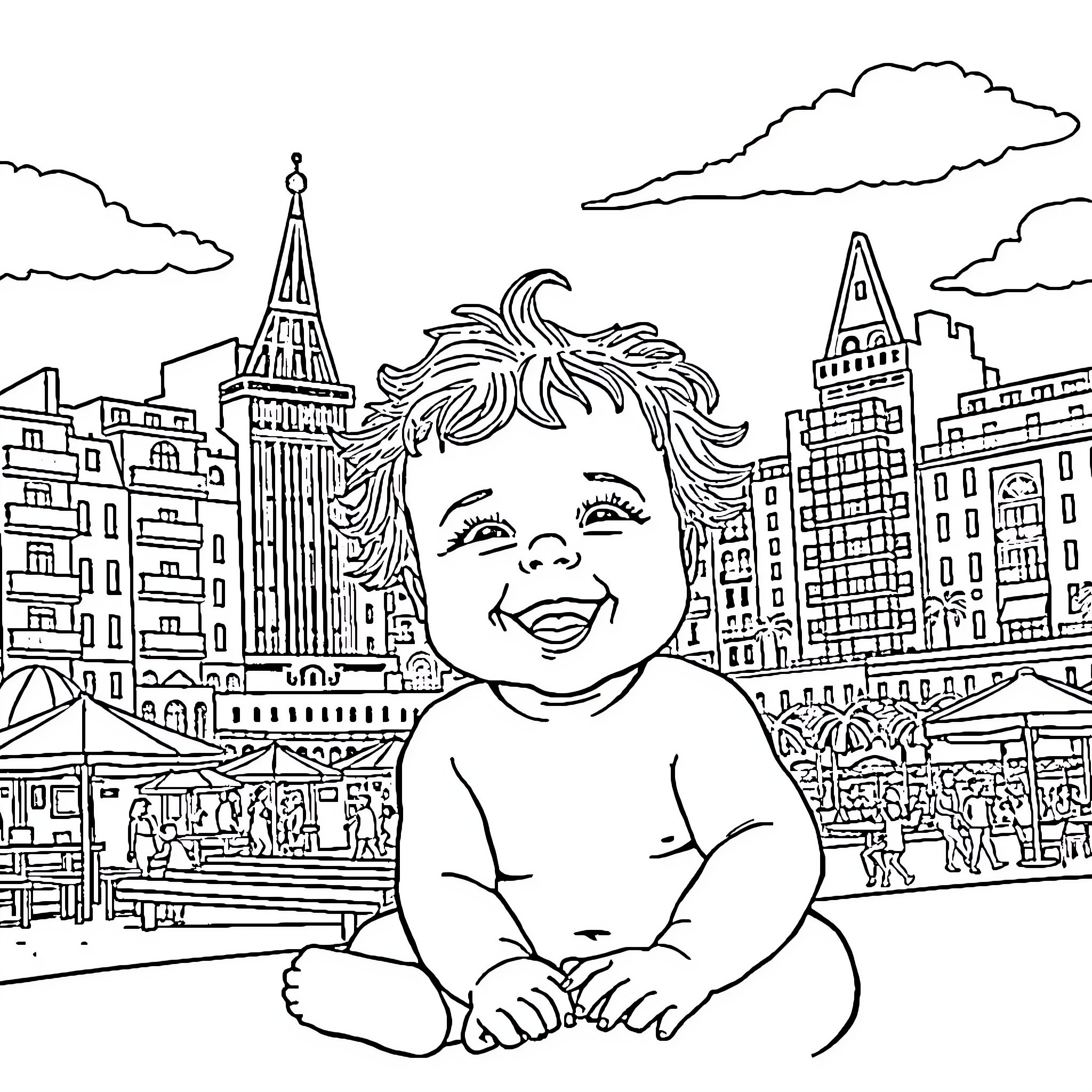 Bebe exploring the bustling city Coloring Page (free black-and-white line drawing printable PDF for all, from beginners to advanced learners, including children, teens, adults, and seniors)