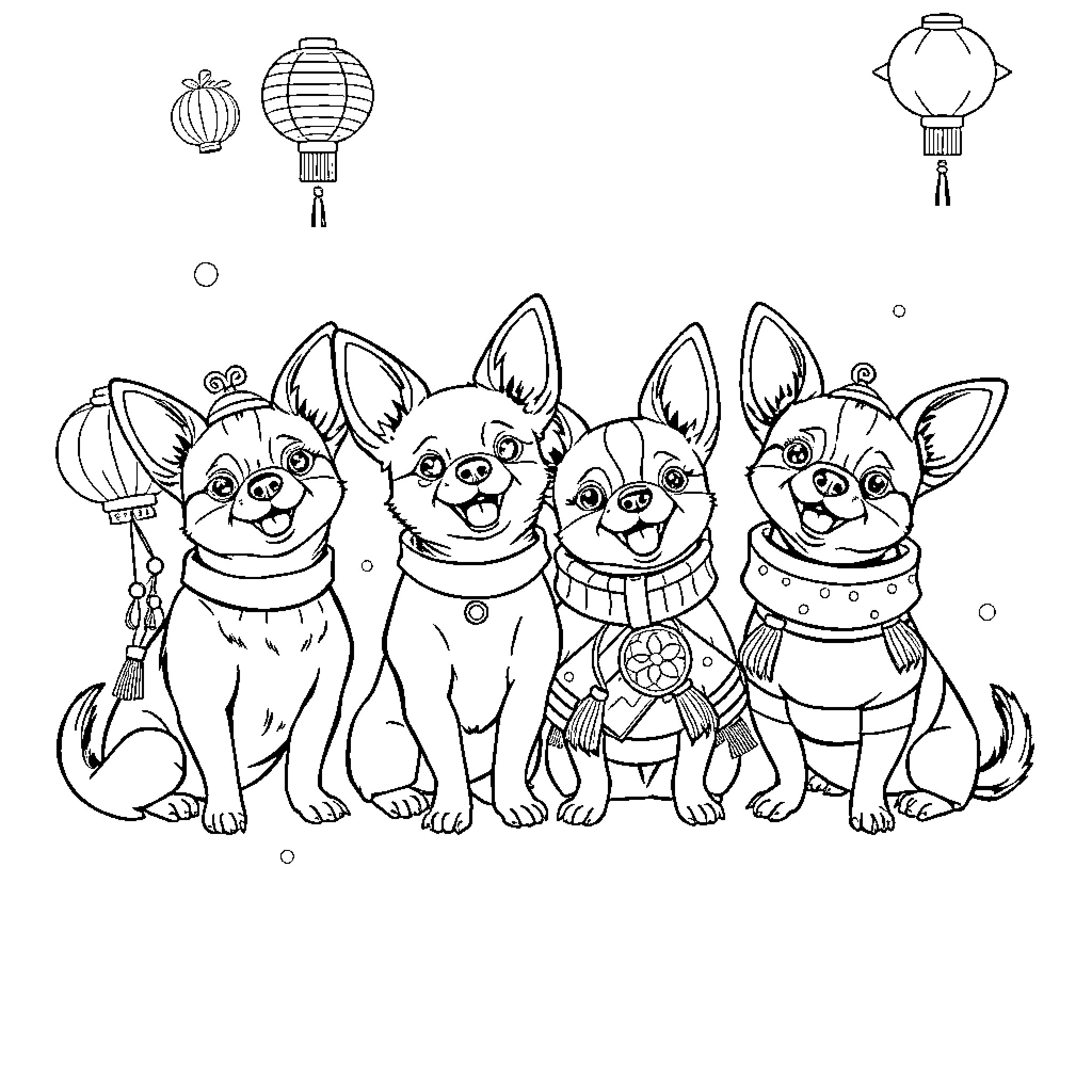 Chihuahuas enjoying holiday celebration with lanterns Coloring Page (free black-and-white line drawing printable PDF for all, from beginners to advanced learners, including children, teens, adults, and seniors)