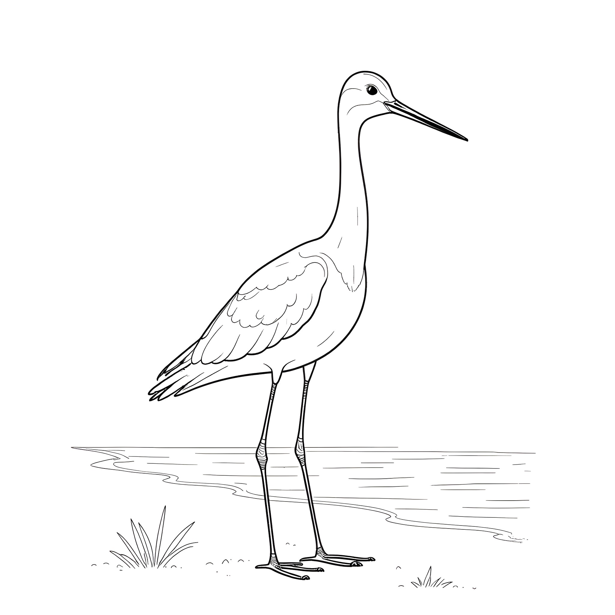 Avocet standing in water Coloring Page (free black-and-white line drawing printable PDF for all, from beginners to advanced learners, including children, teens, adults, and seniors)
