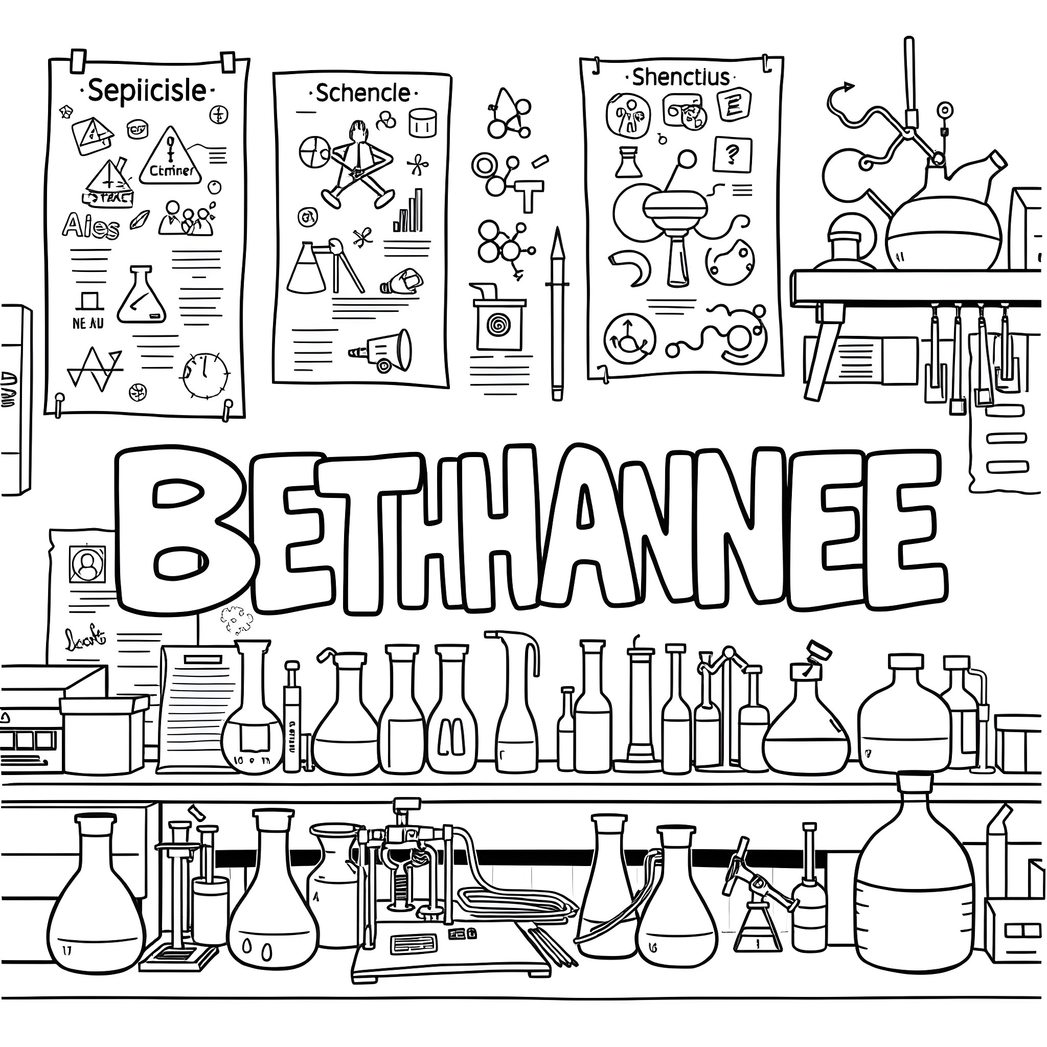 Bethanee's Scientific Laboratory Coloring Page (free black-and-white line drawing printable PDF for all, from beginners to advanced learners, including children, teens, adults, and seniors)