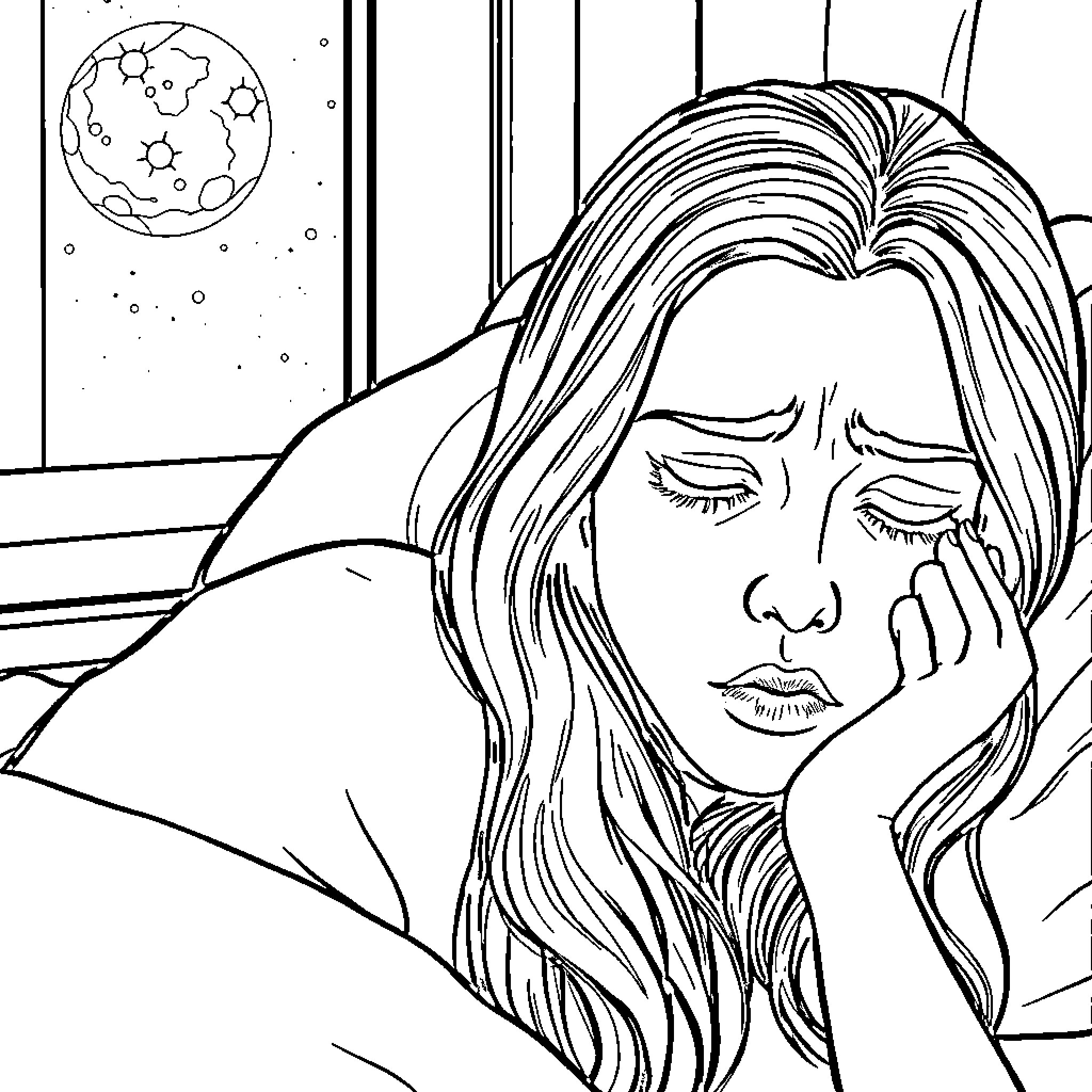 Girlfriend staring wistfully out the window at night Coloring Page (free black-and-white line drawing printable PDF for all, from beginners to advanced learners, including children, teens, adults, and seniors)