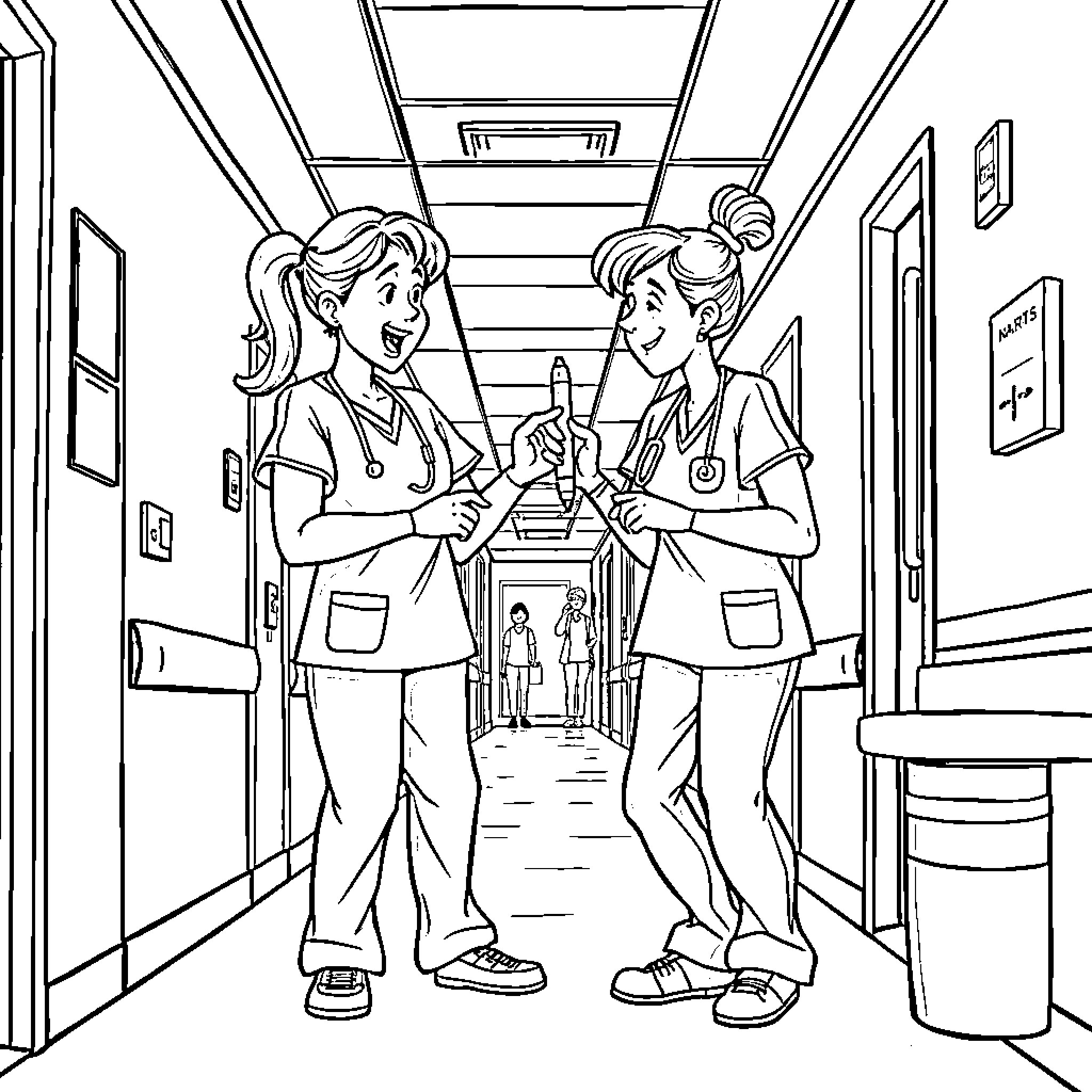 Nurse Assistants Chatting in Hospital Corridor Coloring Page (free black-and-white line drawing printable PDF for all, from beginners to advanced learners, including children, teens, adults, and seniors)