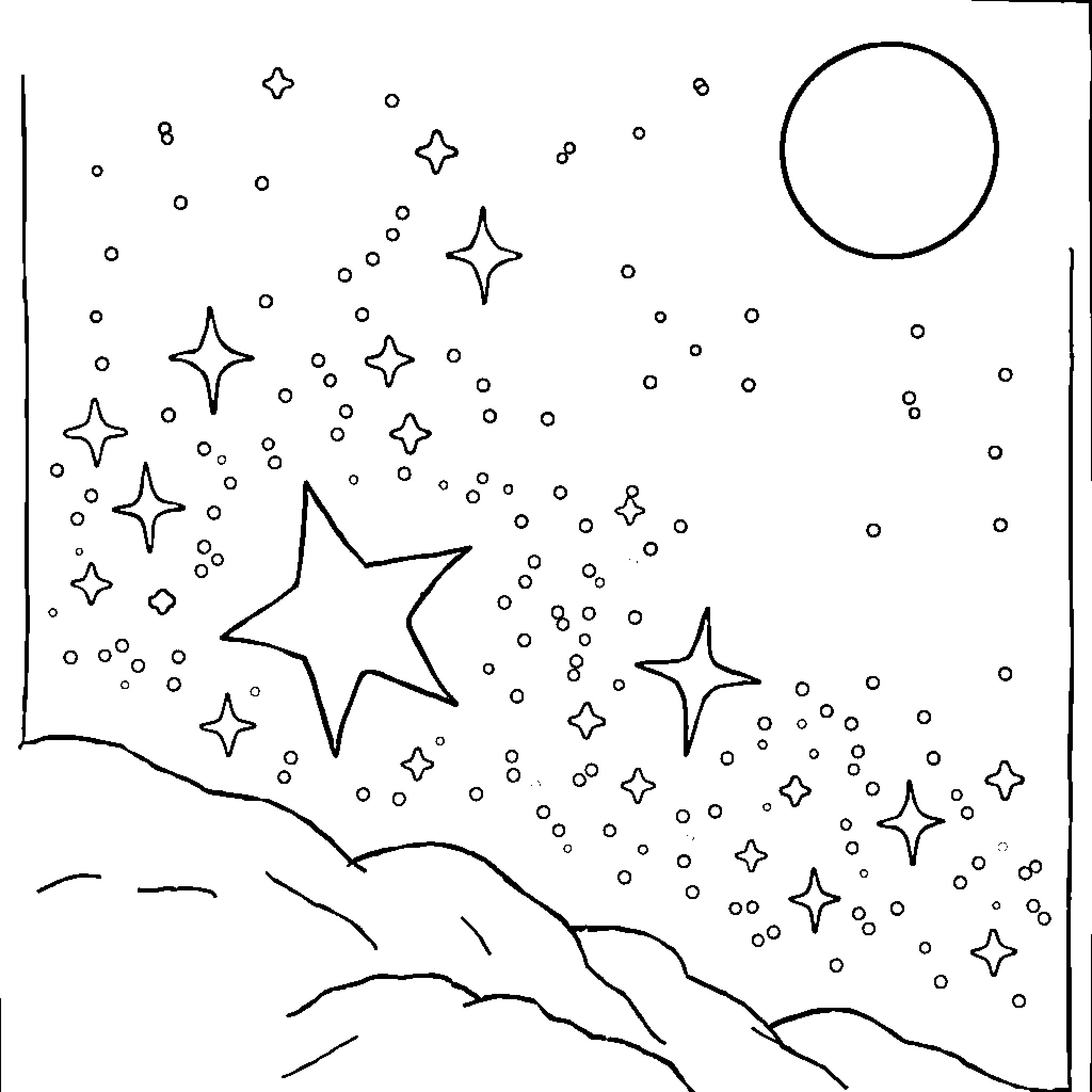 Star and Moon Twinkle in Night Sky Coloring Page (free black-and-white line drawing printable PDF for all, from beginners to advanced learners, including children, teens, adults, and seniors)