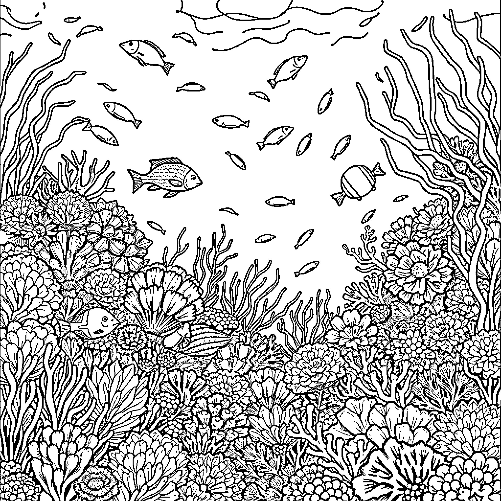 Coral Reef Underwater Seascape Coloring Page (free black-and-white line drawing printable PDF for all, from beginners to advanced learners, including children, teens, adults, and seniors)