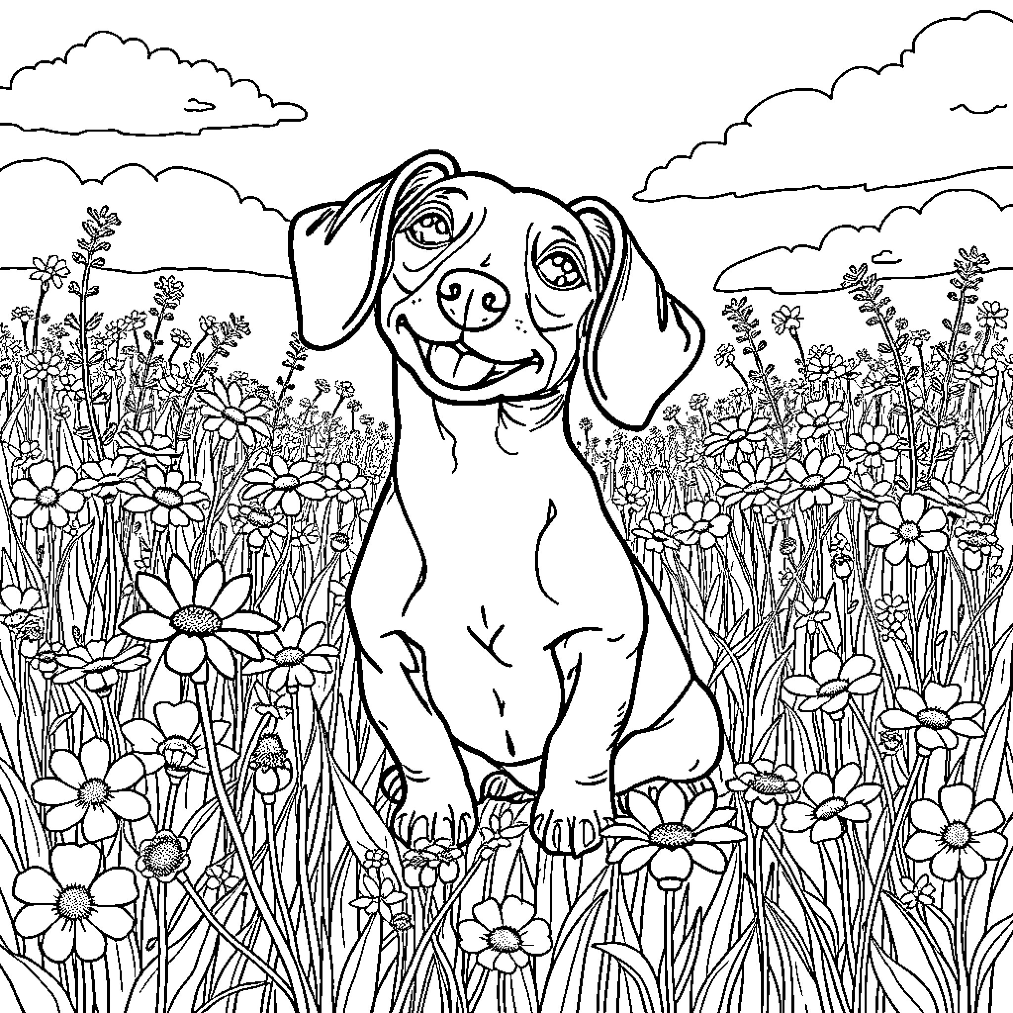 Dachshund frolicking in a flower-filled meadow Coloring Page (free black-and-white line drawing printable PDF for all, from beginners to advanced learners, including children, teens, adults, and seniors)