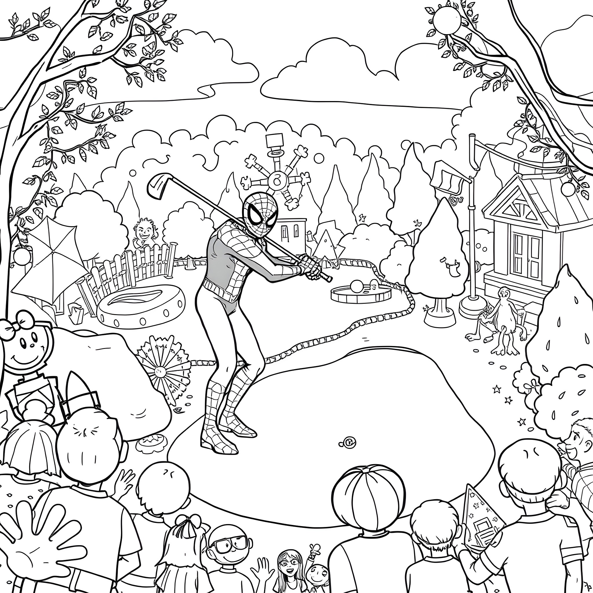 Spiderman Saves the Day in Whimsical Neighborhood Coloring Page (free black-and-white line drawing printable PDF for all, from beginners to advanced learners, including children, teens, adults, and seniors)