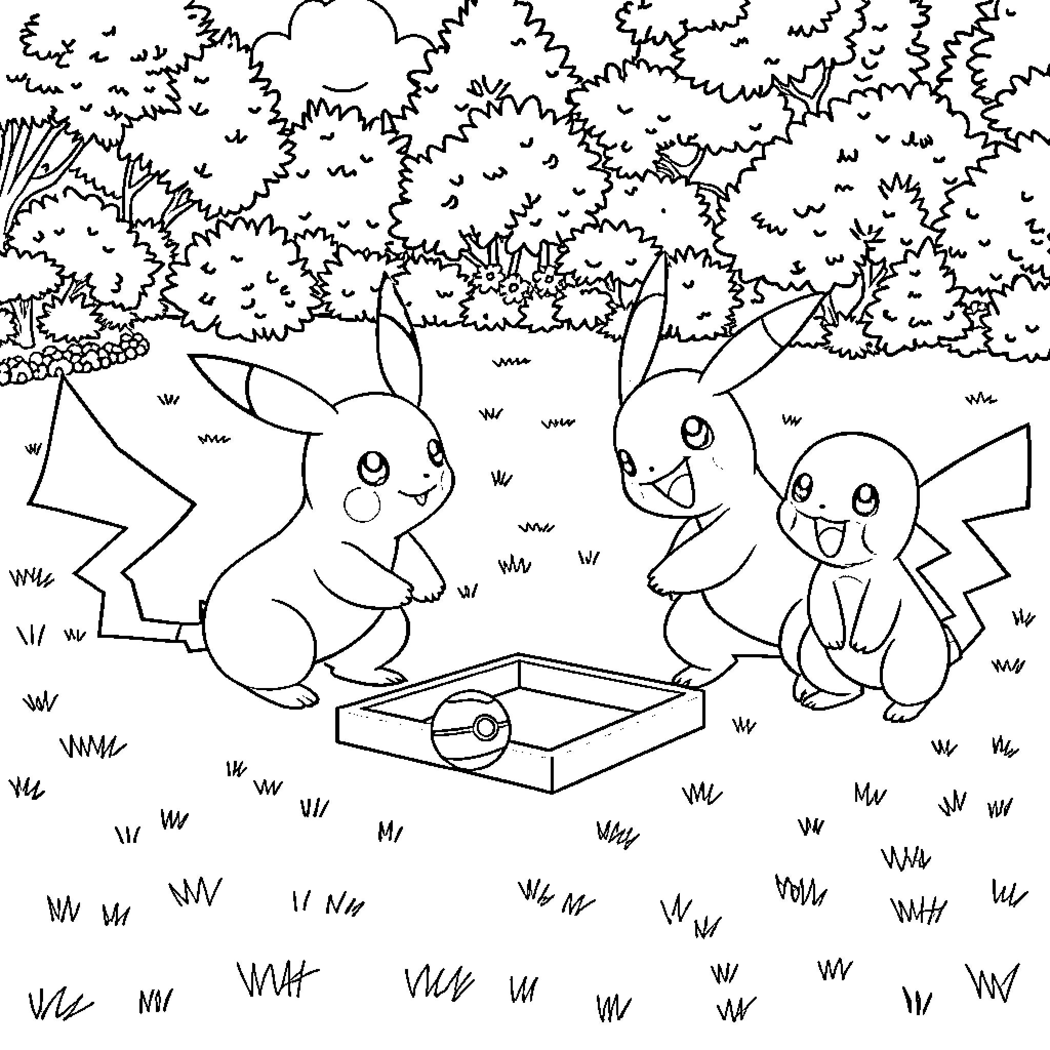 Pokémon playing in a forest clearing Coloring Page (free black-and-white line drawing printable PDF for all, from beginners to advanced learners, including children, teens, adults, and seniors)