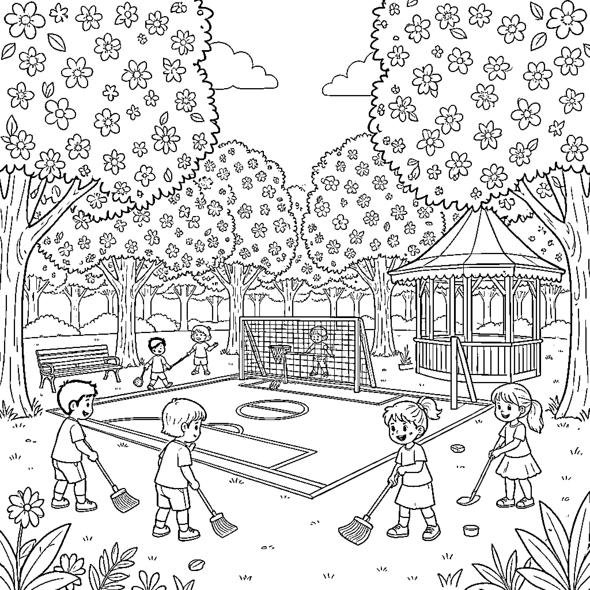 Niños jugando alegremente en el parque Coloring Page (free black-and-white line drawing printable PDF for all, from beginners to advanced learners, including children, teens, adults, and seniors)