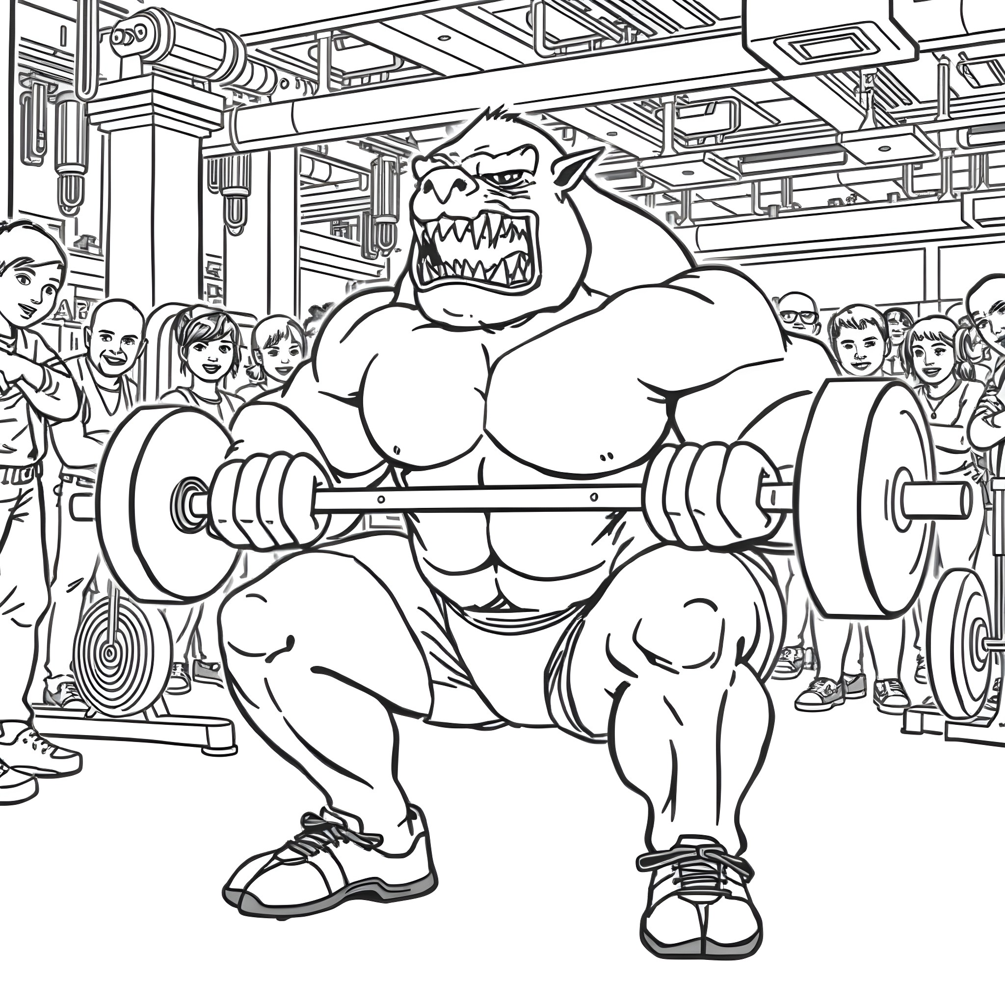 Rancor Lifting Heavy Weights in the Gym Coloring Page (free black-and-white line drawing printable PDF for all, from beginners to advanced learners, including children, teens, adults, and seniors)