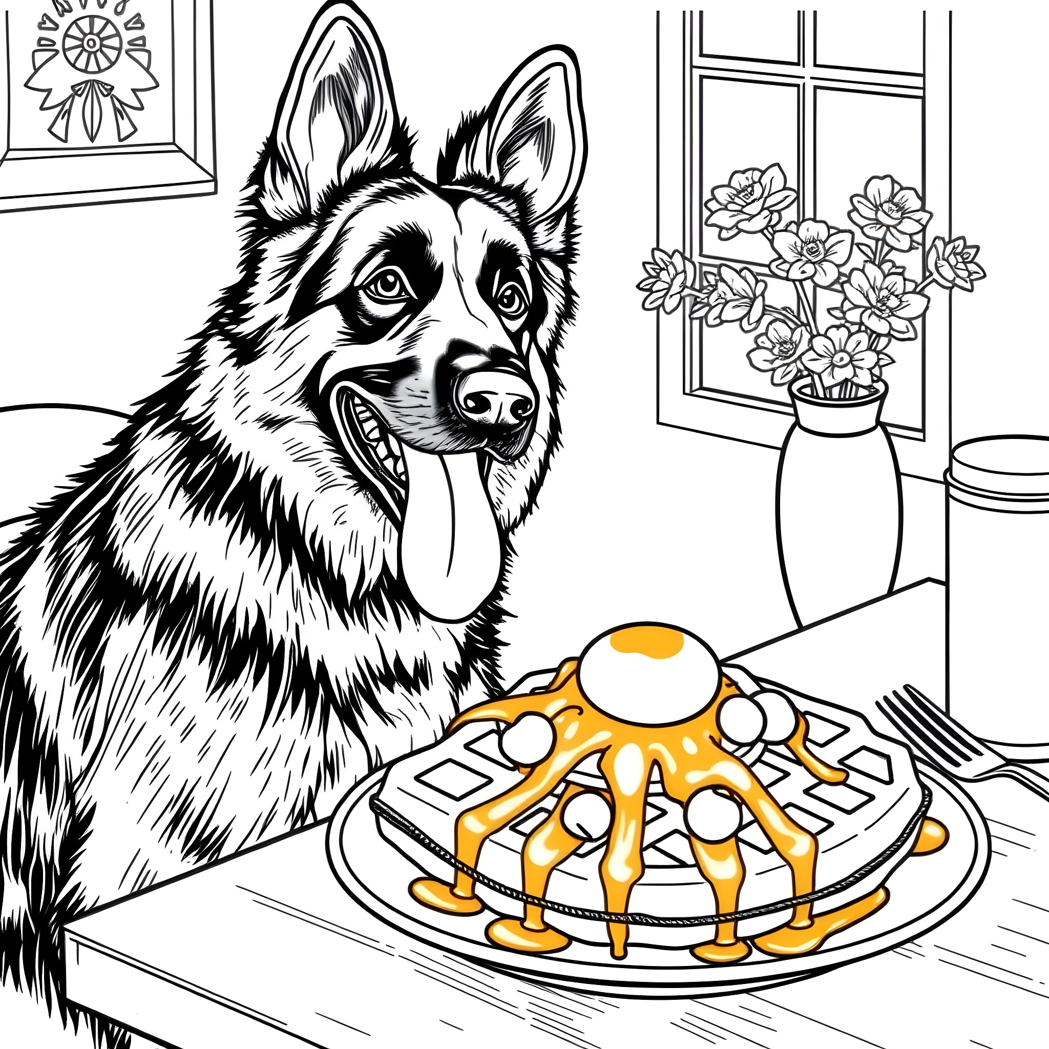 German Shepherd watching over a delicious pancake breakfast Coloring Page (free black-and-white line drawing printable PDF for all, from beginners to advanced learners, including children, teens, adults, and seniors)