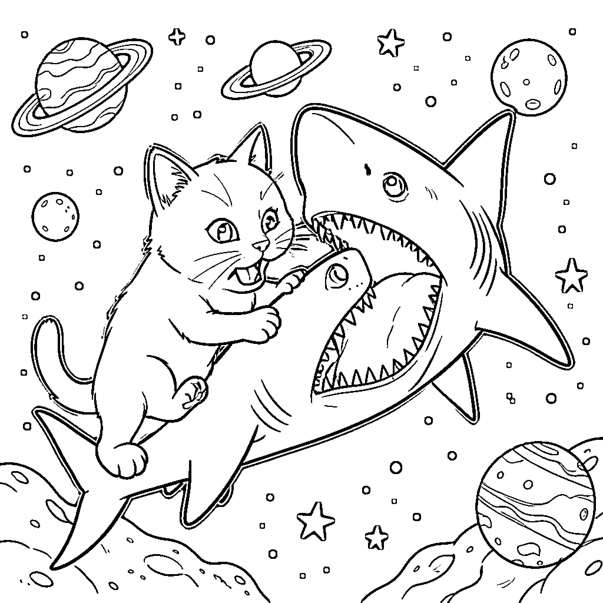 Cat riding a shark through outer space Coloring Page (free black-and-white line drawing printable PDF for all, from beginners to advanced learners, including children, teens, adults, and seniors)
