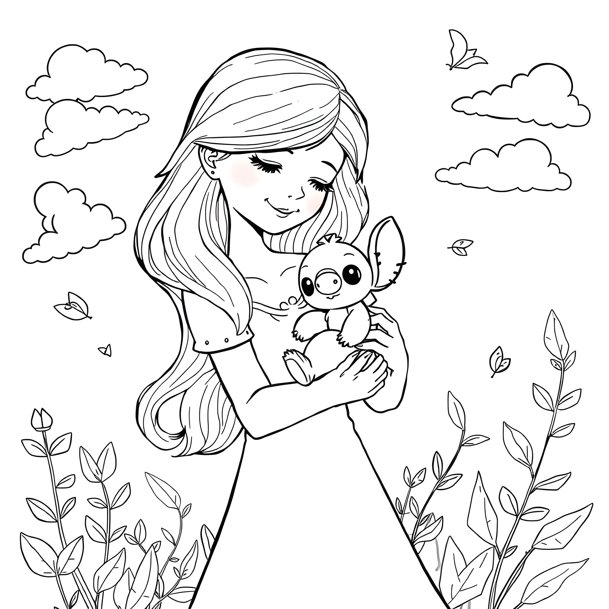 Lilly embracing a cute creature in nature Coloring Page (free black-and-white line drawing printable PDF for all, from beginners to advanced learners, including children, teens, adults, and seniors)