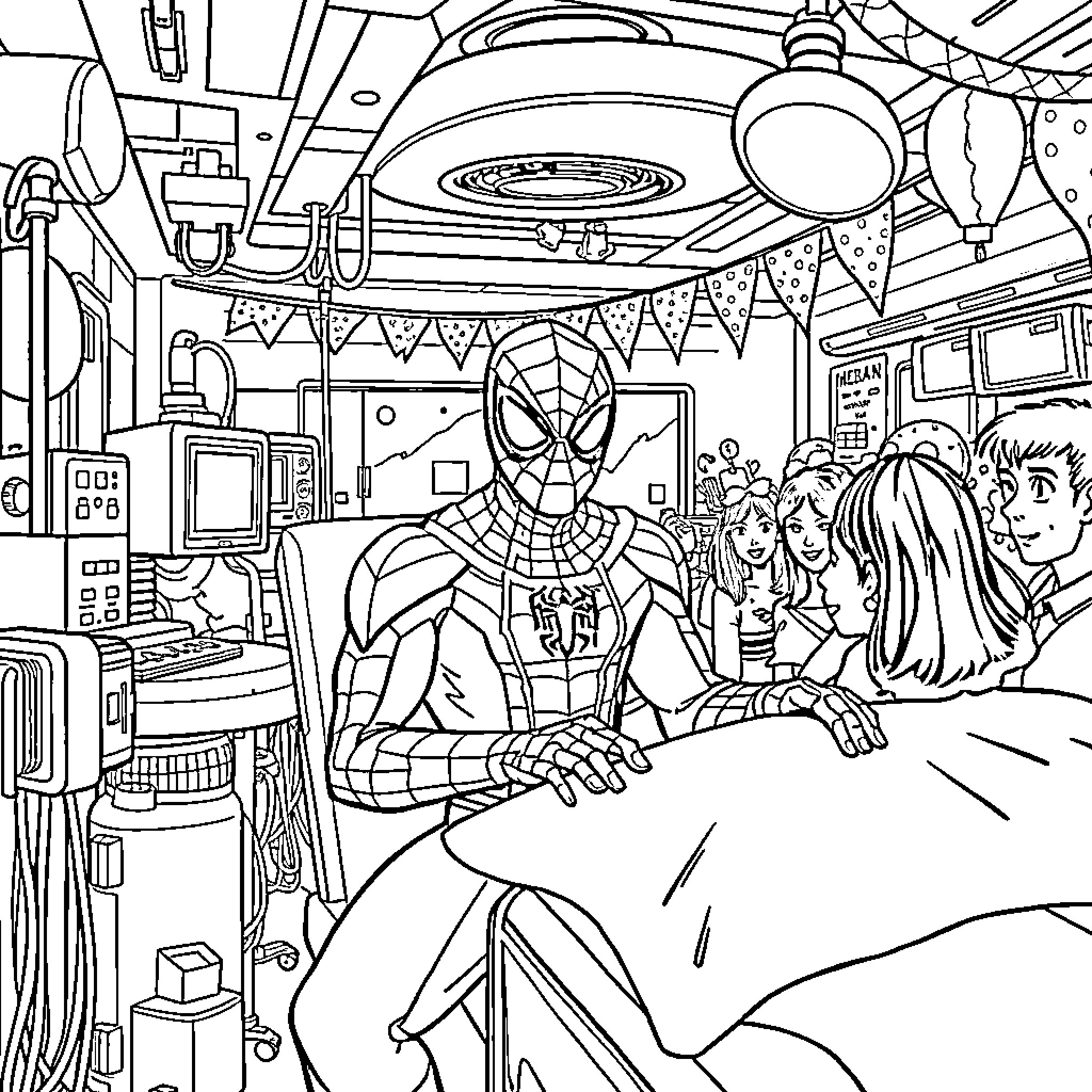 Spiderman Saving Civilians in Chaotic Situation Coloring Page (free black-and-white line drawing printable PDF for all, from beginners to advanced learners, including children, teens, adults, and seniors)