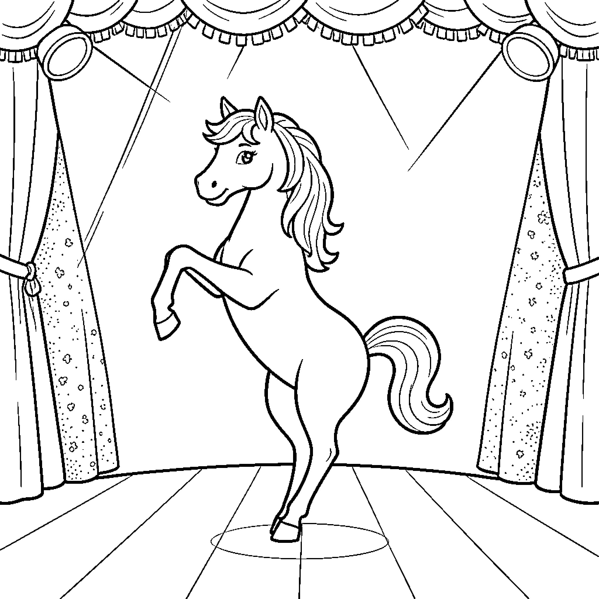 Pony performing a graceful dance on a stage Coloring Page (free black-and-white line drawing printable PDF for all, from beginners to advanced learners, including children, teens, adults, and seniors)