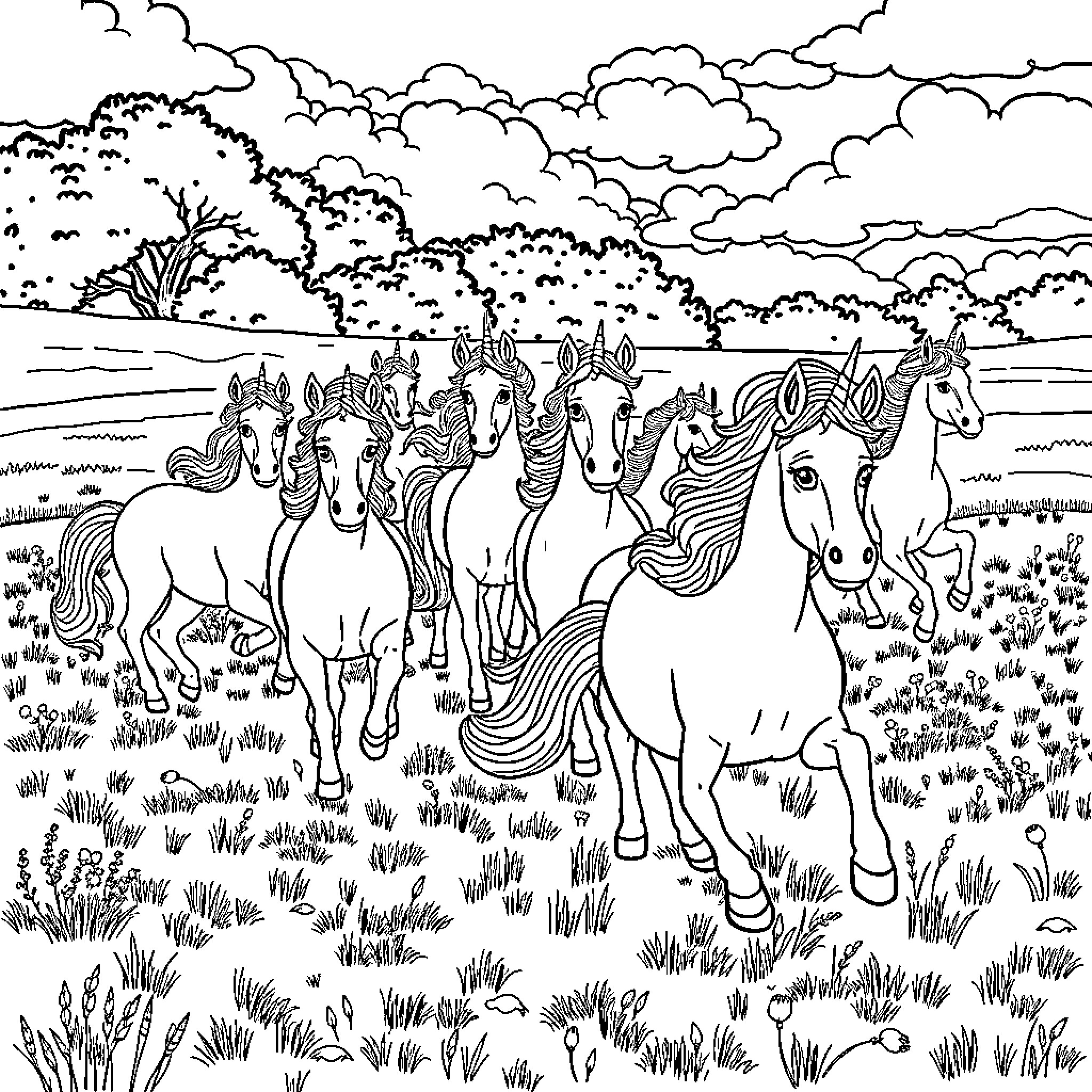 Unicorn herd running through the meadow Coloring Page (free black-and-white line drawing printable PDF for all, from beginners to advanced learners, including children, teens, adults, and seniors)