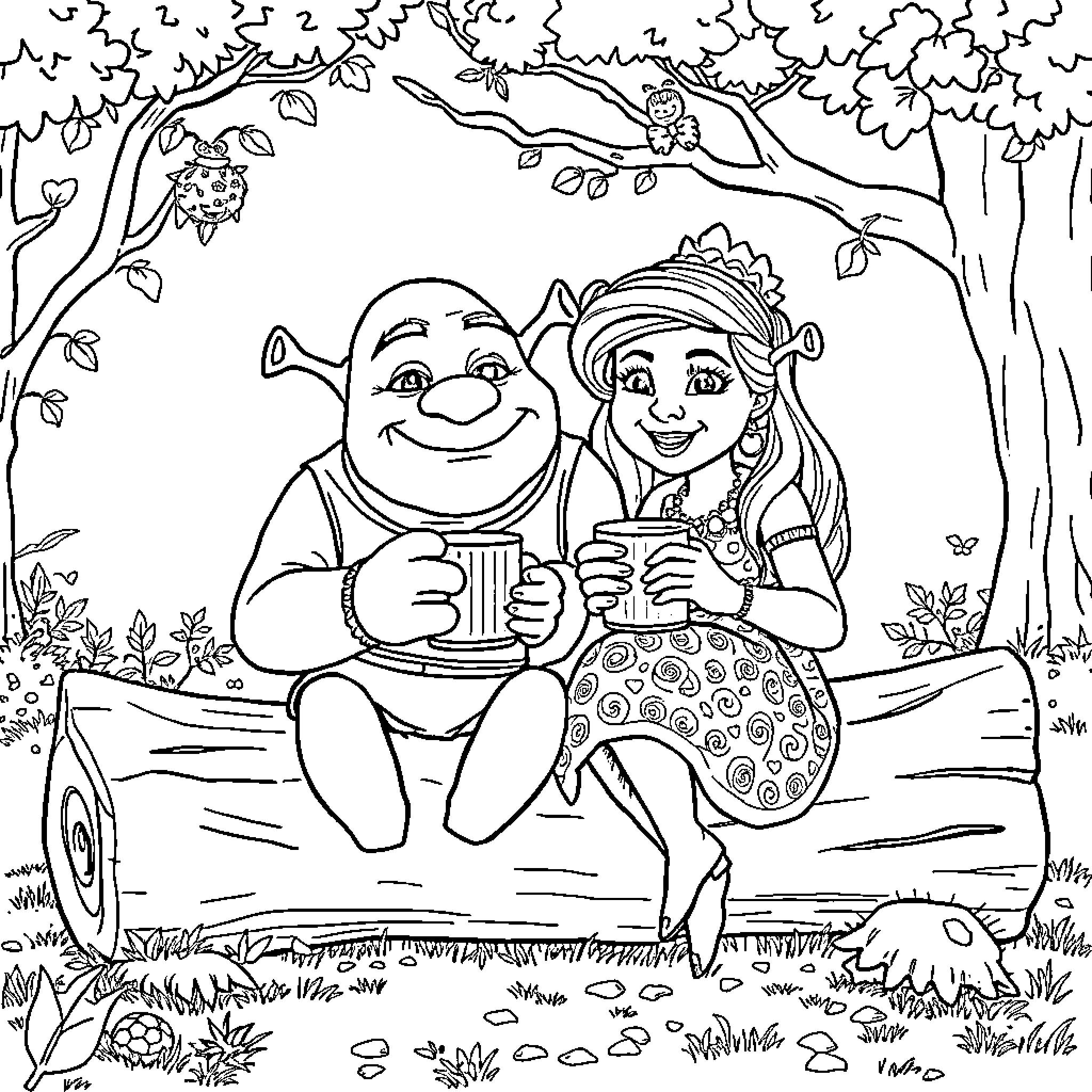Shrek and Princess Enjoying a Peaceful Moment Coloring Page (free black-and-white line drawing printable PDF for all, from beginners to advanced learners, including children, teens, adults, and seniors)