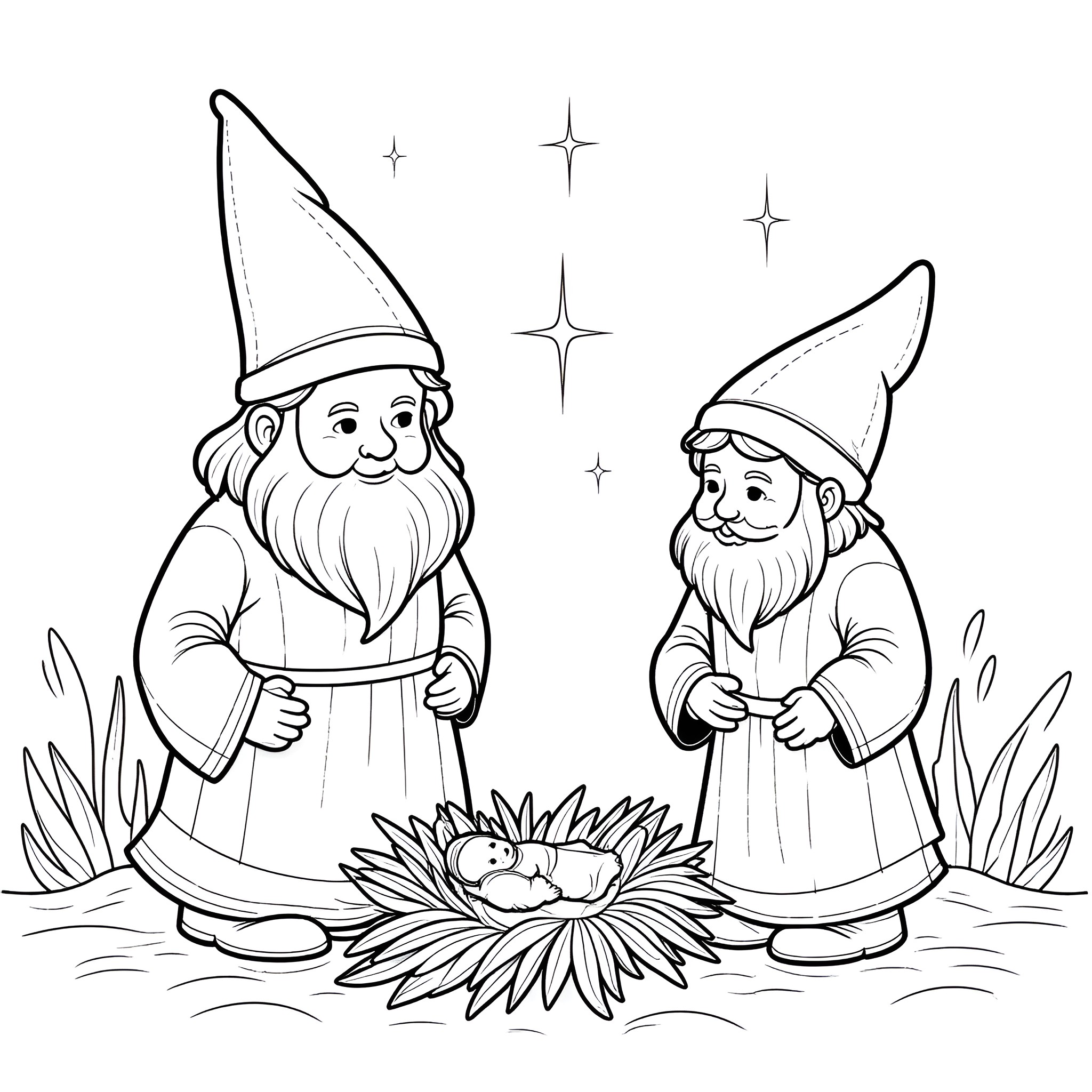 Gnome Friends Enjoying Nature Together Coloring Page (free black-and-white line drawing printable PDF for all, from beginners to advanced learners, including children, teens, adults, and seniors)