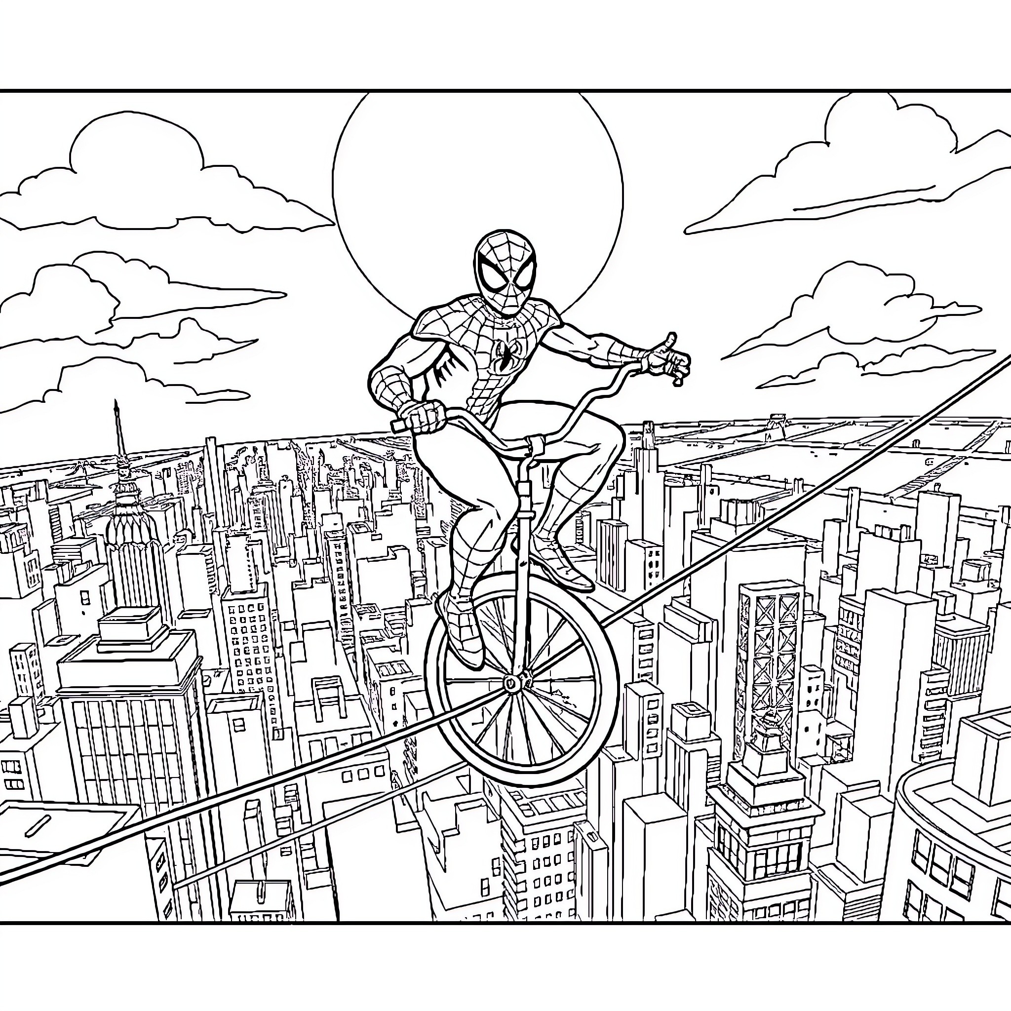 Spider-Man swinging above the city skyline Coloring Page (free black-and-white line drawing printable PDF for all, from beginners to advanced learners, including children, teens, adults, and seniors)