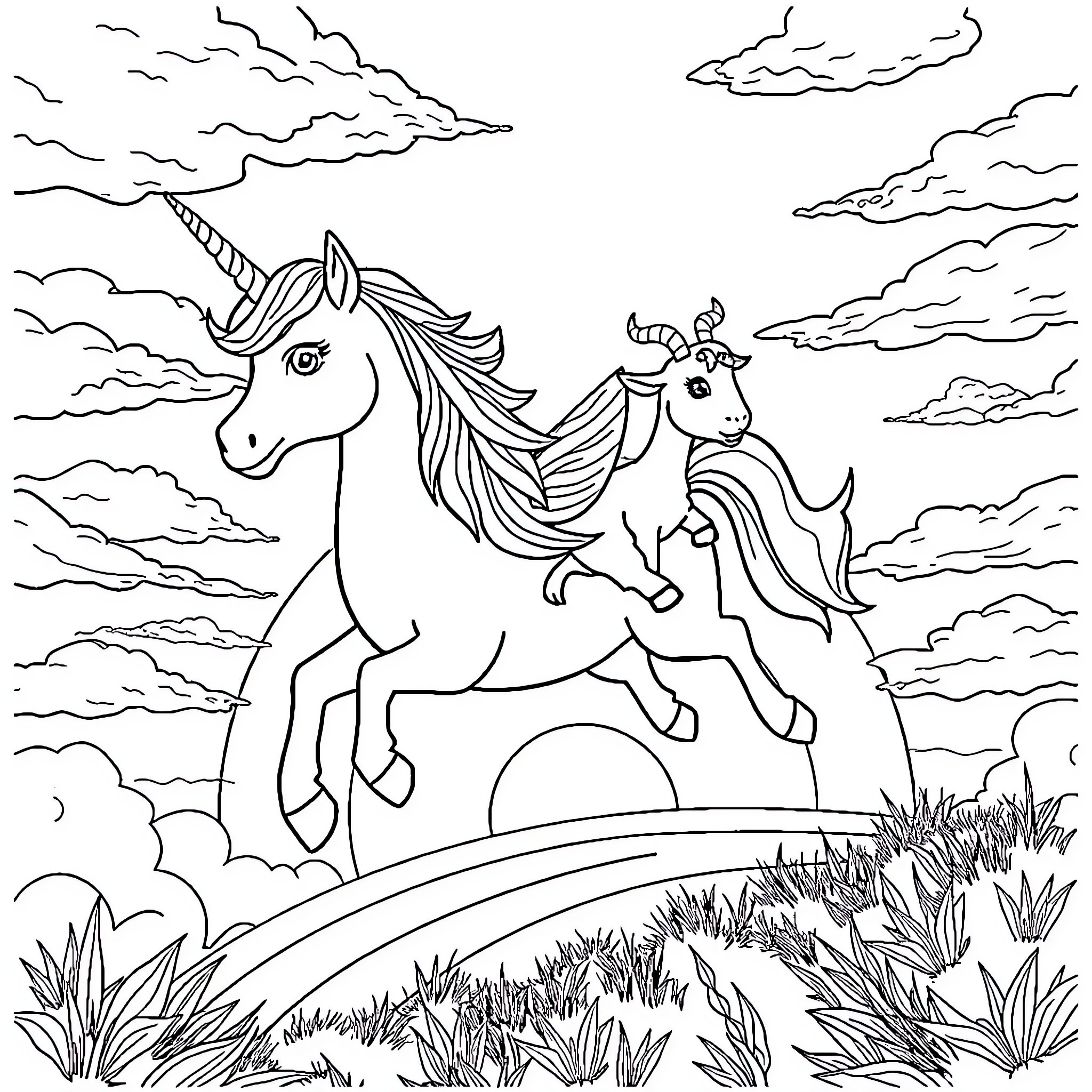 Unicorn siblings playing in a magical meadow Coloring Page (free black-and-white line drawing printable PDF for all, from beginners to advanced learners, including children, teens, adults, and seniors)
