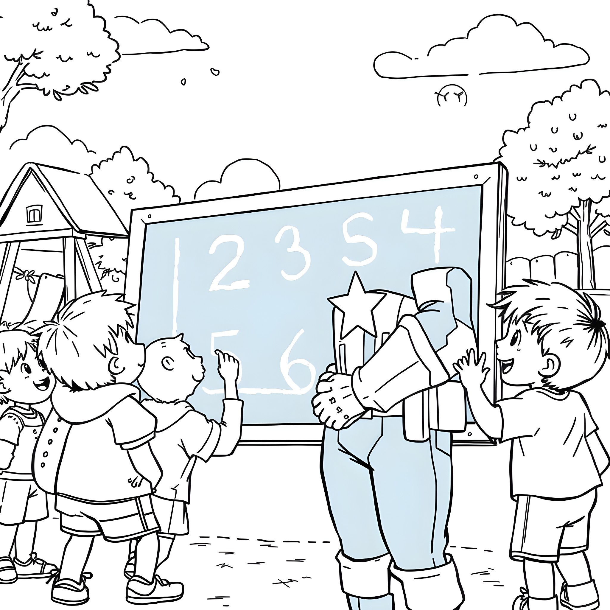 Captain America Teaches Math to Eager Students Coloring Page (free black-and-white line drawing printable PDF for all, from beginners to advanced learners, including children, teens, adults, and seniors)