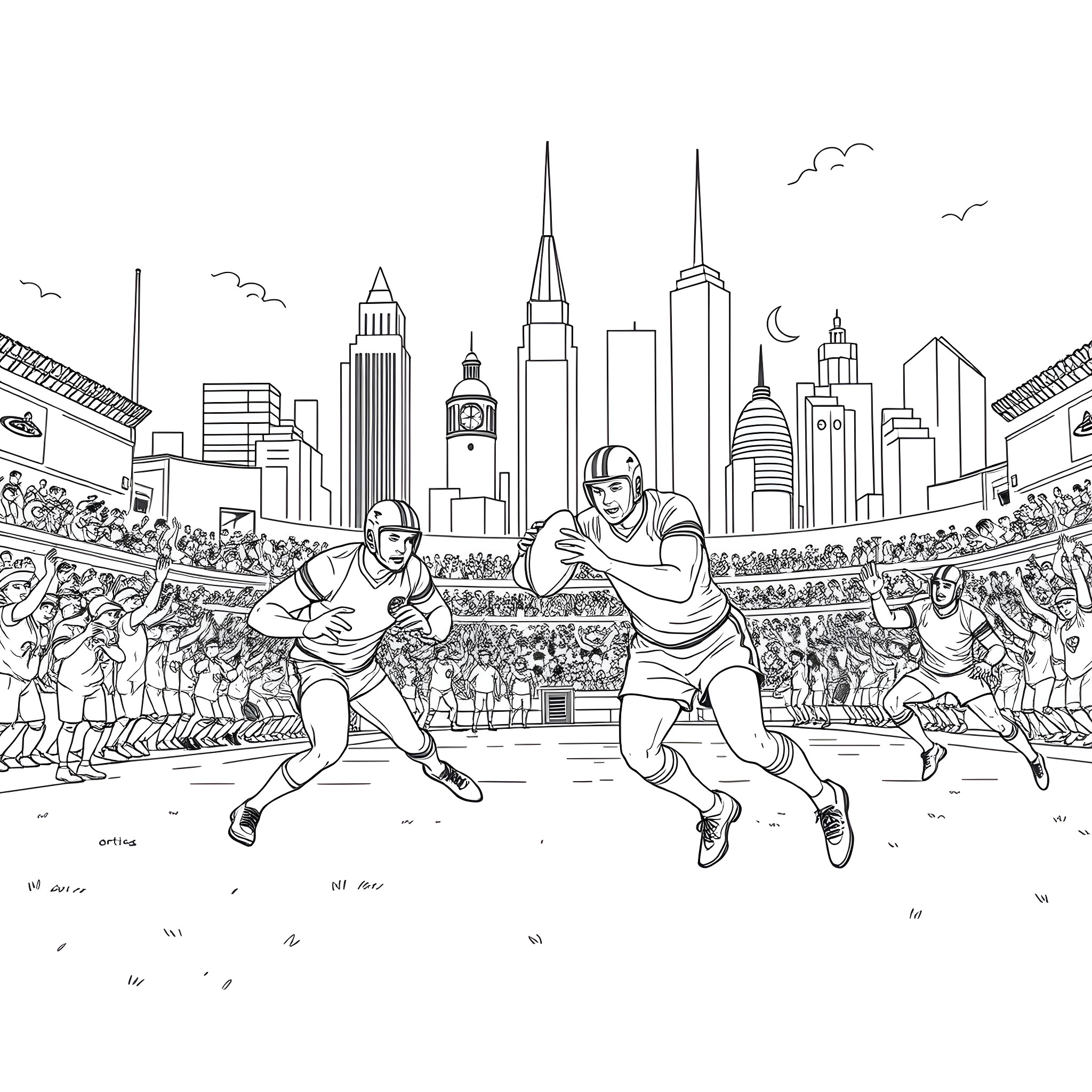 Rugby Players Competing in the Big City Stadium Coloring Page (free black-and-white line drawing printable PDF for all, from beginners to advanced learners, including children, teens, adults, and seniors)