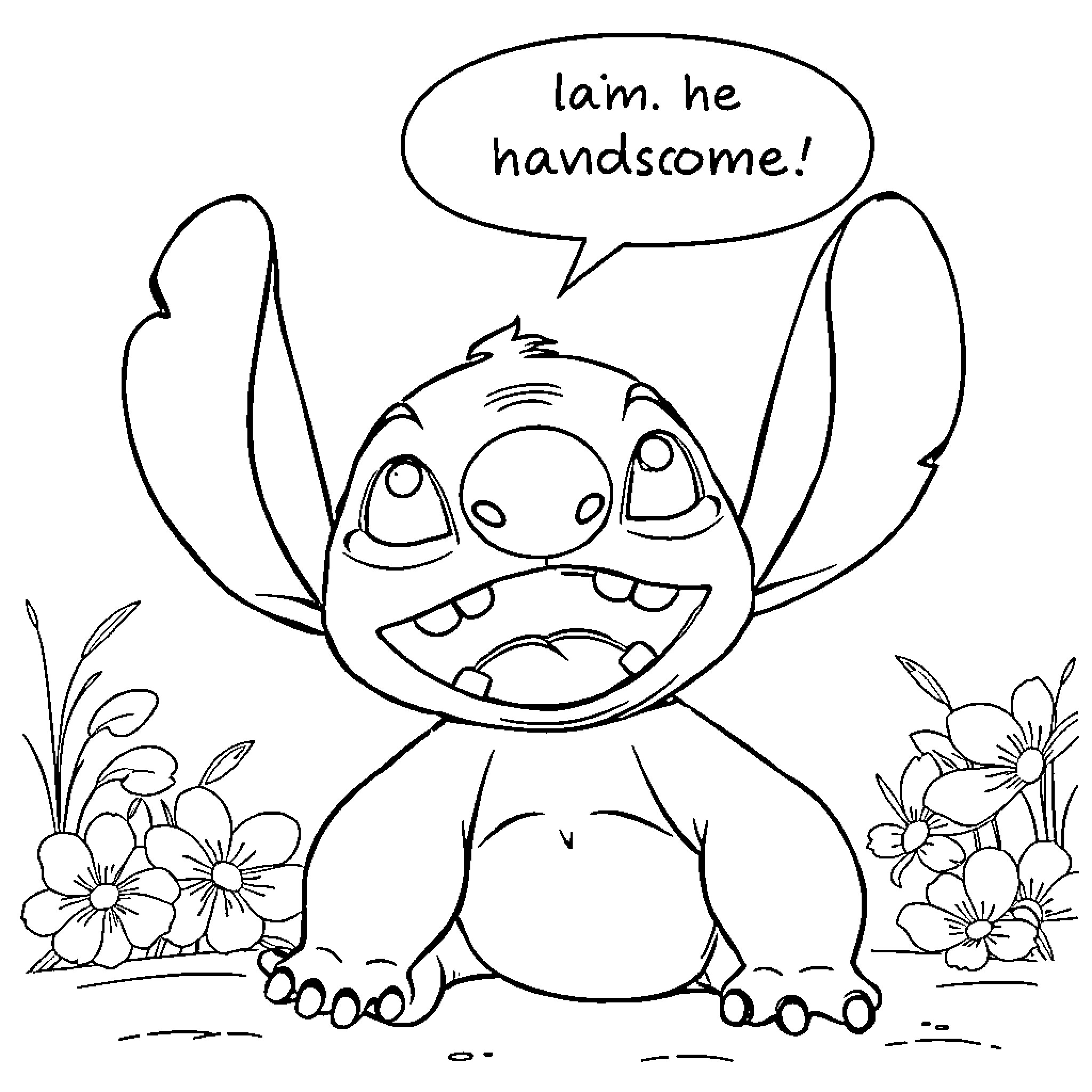 Stitch boasts about his handsomeness Coloring Page (free black-and-white line drawing printable PDF for all, from beginners to advanced learners, including children, teens, adults, and seniors)