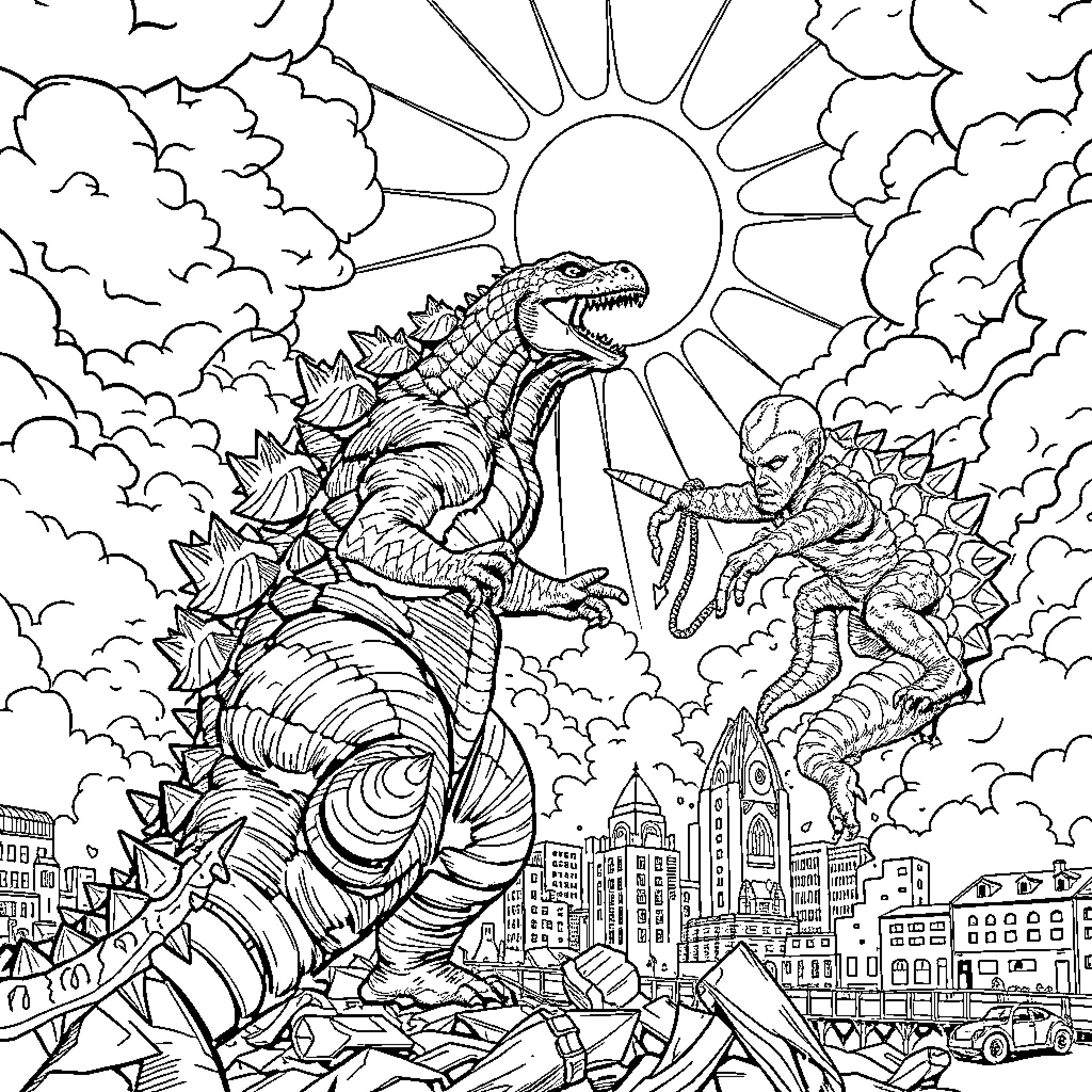 Godzilla Rampaging Through a Cityscape Coloring Page (free black-and-white line drawing printable PDF for all, from beginners to advanced learners, including children, teens, adults, and seniors)