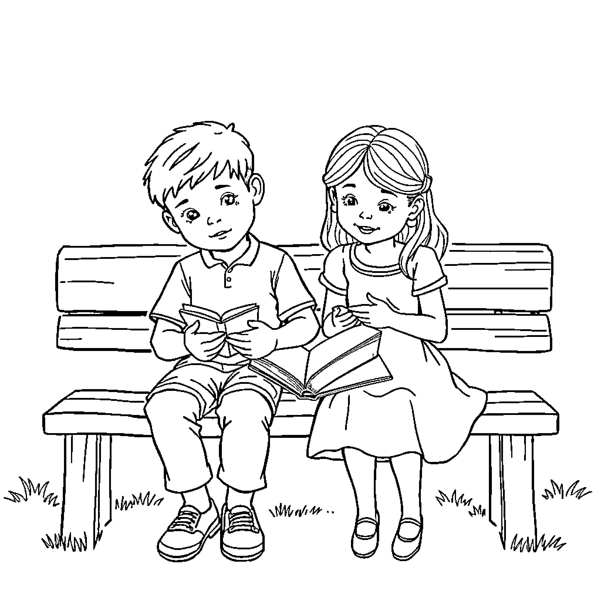 Boy and Girl Reading Books on a Park Bench Coloring Page (free black-and-white line drawing printable PDF for all, from beginners to advanced learners, including children, teens, adults, and seniors)
