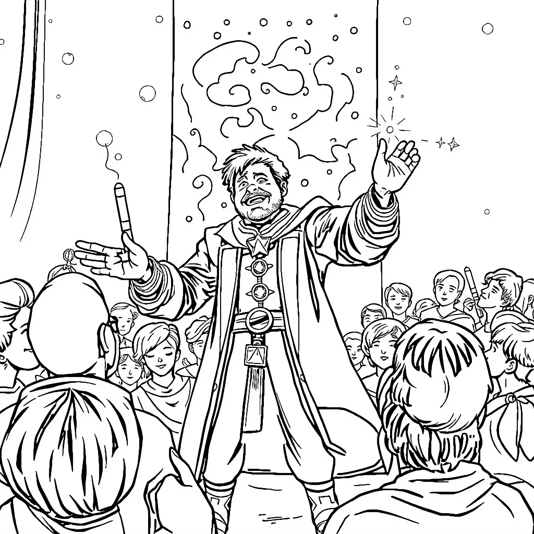 Daniel's Magical Performance for Enchanted Audience Coloring Page (free black-and-white line drawing printable PDF for all, from beginners to advanced learners, including children, teens, adults, and seniors)