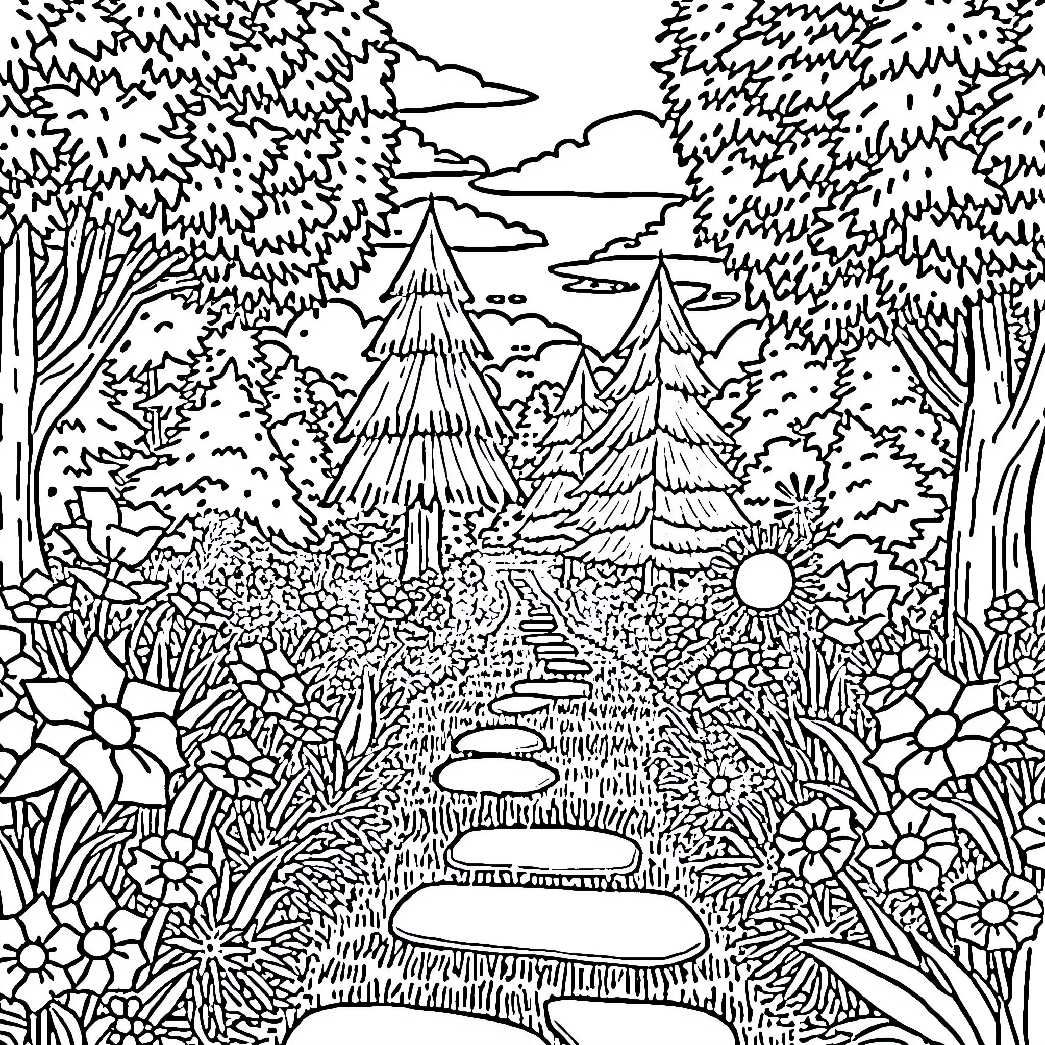 Garden Path Through Lush Foliage and Trees Coloring Page (free black-and-white line drawing printable PDF for all, from beginners to advanced learners, including children, teens, adults, and seniors)