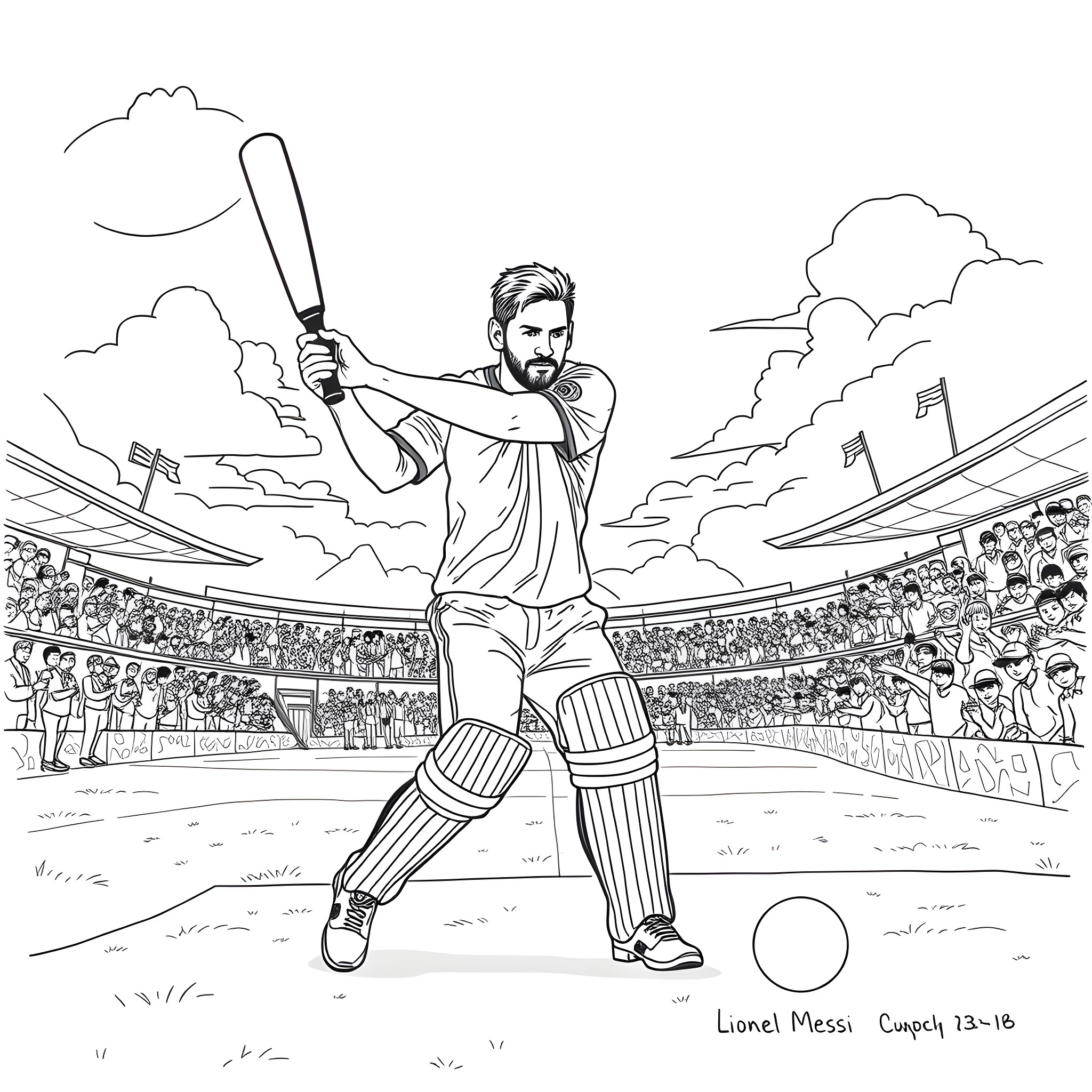 Lionel Messi batting in a cricket stadium Coloring Page (free black-and-white line drawing printable PDF for all, from beginners to advanced learners, including children, teens, adults, and seniors)