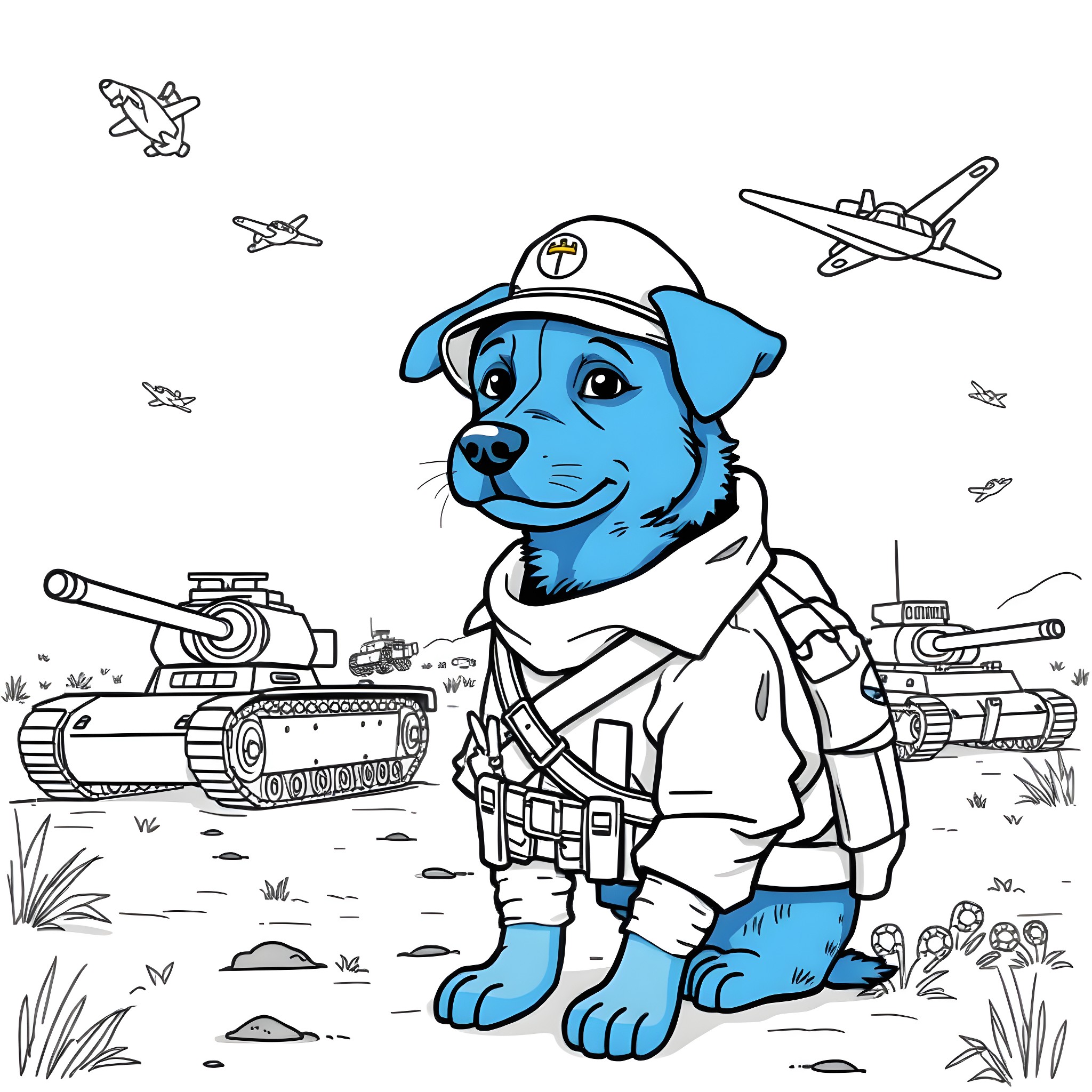 Bluey the Playful Pup in Wartime Attire Coloring Page (free black-and-white line drawing printable PDF for all, from beginners to advanced learners, including children, teens, adults, and seniors)