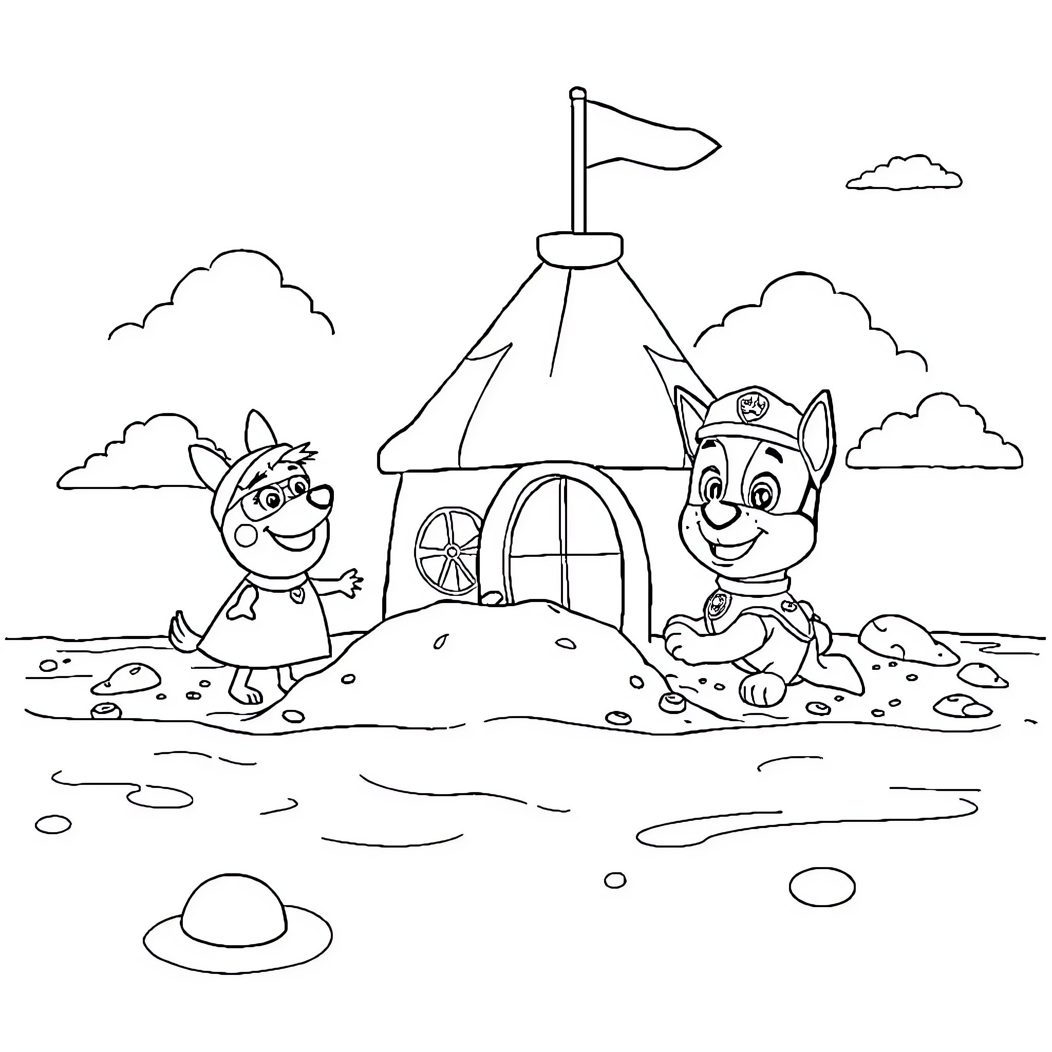 Peppa Pig and friends explore a playful outdoor scene Coloring Page (free black-and-white line drawing printable PDF for all, from beginners to advanced learners, including children, teens, adults, and seniors)