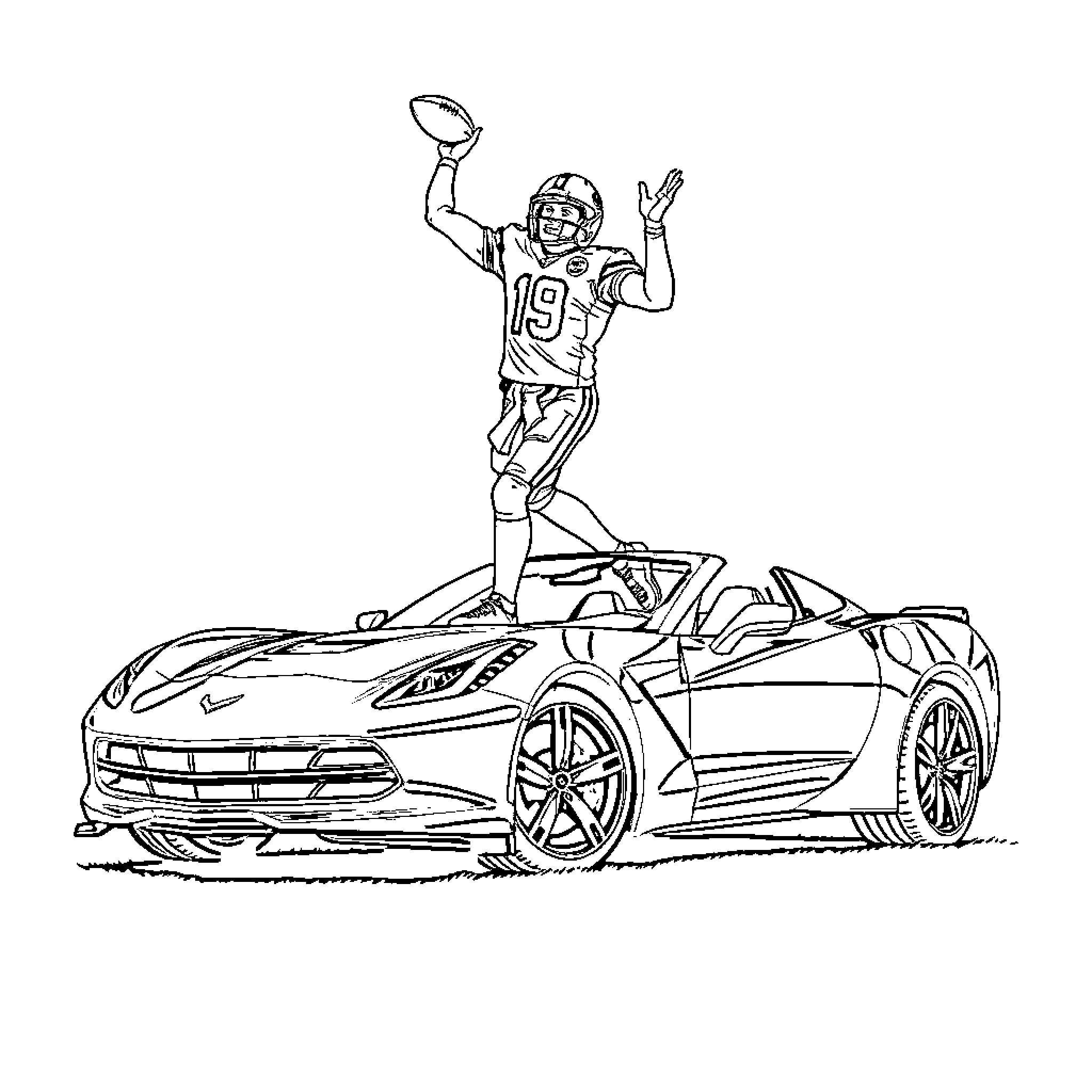 Patrick Mahomes Celebrates Victory on Sports Car Coloring Page (free black-and-white line drawing printable PDF for all, from beginners to advanced learners, including children, teens, adults, and seniors)